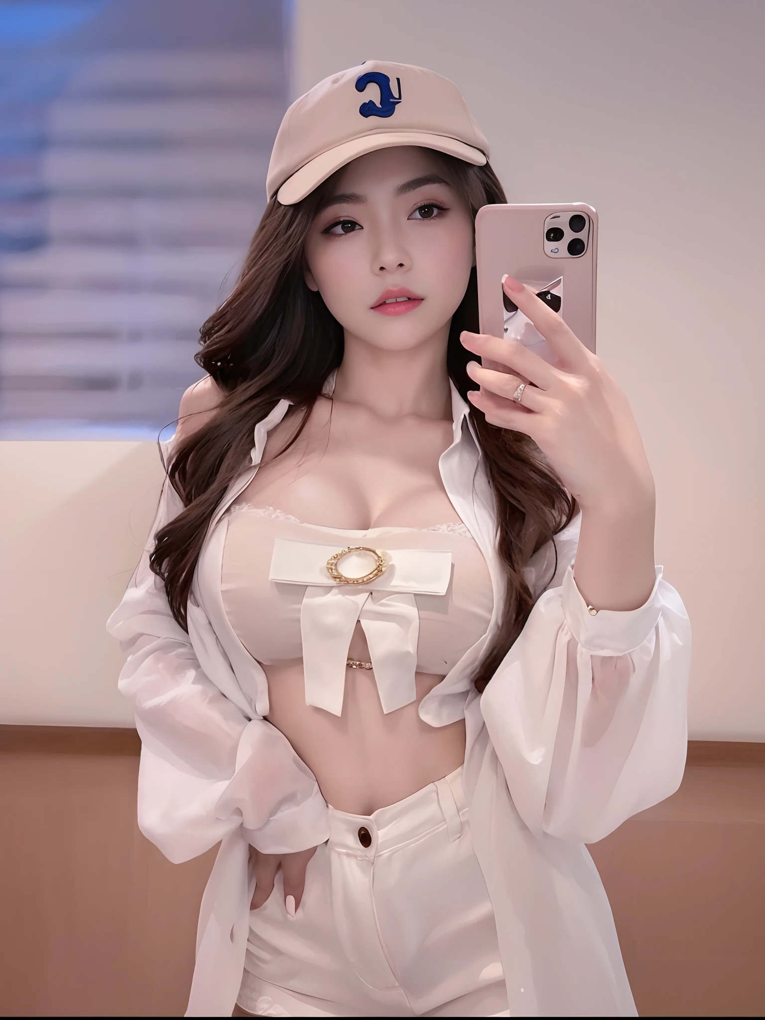 (Best Quality, 8K, masutepiece, Ultra HD: 1.3), 1girl in, small tits ,light brown hair, Blunt bangs, hair behind ear, hair over shoulder, Long hair,  slender body shape, Ultra Fine Face, Delicate lips, Beautiful eyes, Double eyelids, lipsticks, thin blush ,Black eyes ,perfect glossy skin,flawless skin,fair white skin,perspiring,A gaze that invites you, Chest,Ultra-thin hands, Ultra-fine fingers, shirt with collar, tight skirts , beauty legs ,pumps. plateau、In the middle of a date