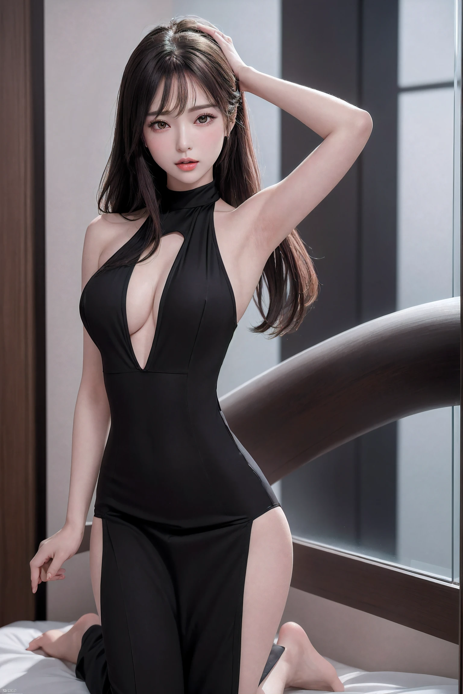 (((1ponytail hair girl:1.3, solo))), (a extremely pretty and beautiful milf:1.3), (22 years old: 1.1), (from below:1.3), (low angle:1.3), ((girl on top:1.5)), (arms up on head:1.3), (spread legs:1.3), view viewer, (exhibit), (in the glass coverd smalll showcase:1.3),
break,
(up-ponytail:1.3), (shiny-black thin hair:1.2), bangs, dark brown eyes, beautiful eyes, princess eyes, bangs, Hair between eyes, short hair:1.3, slender, (gigantic breasts:1.3, sagging breasts:1.3, disproportionate breasts;1.3), (thin waist: 1.3), (detailed beautiful girl: 1.4), Parted lips, Red lips, full-make-up face, (shiny skin), ((Perfect Female Body)), (upper body Image:1.3), Perfect Anatomy, Perfect Proportions, (most beautiful Asian actress face:1.3, extremely cute and beautiful Korean idol face:1.3), (seductive emotion:1.3), (blowjob face:1.3, open mouth:1.3),
BREAK,
(wearing a black luxury formal skin tight dress:1.3), (halter-neck dress:1.3), (barefoot:1.3), detailed clothes,
BREAK,
showroom effect, staged compositions, polished presentation, sleek visuals, idealized environments, aspirational design,
BREAK,
(Realistic, Photorealistic: 1.37), (Masterpiece, Best Quality: 1.2), (Ultra High Resolution: 1.2), (RAW Photo: 1.2), (Sharp Focus: 1.3), (Face Focus: 1.2), (Ultra Detailed CG Unified 8k Wallpaper: 1.2), (Beautiful Skin: 1.2), (pale Skin:1.3), (Hyper Sharp Focus: 1.5), (Ultra Sharp Focus: 1.5), (Beautiful pretty face: 1.3), (super detailed background, detail background: 1.3), Ultra Realistic Photo, Hyper Sharp Image, Hyper Detail Image,