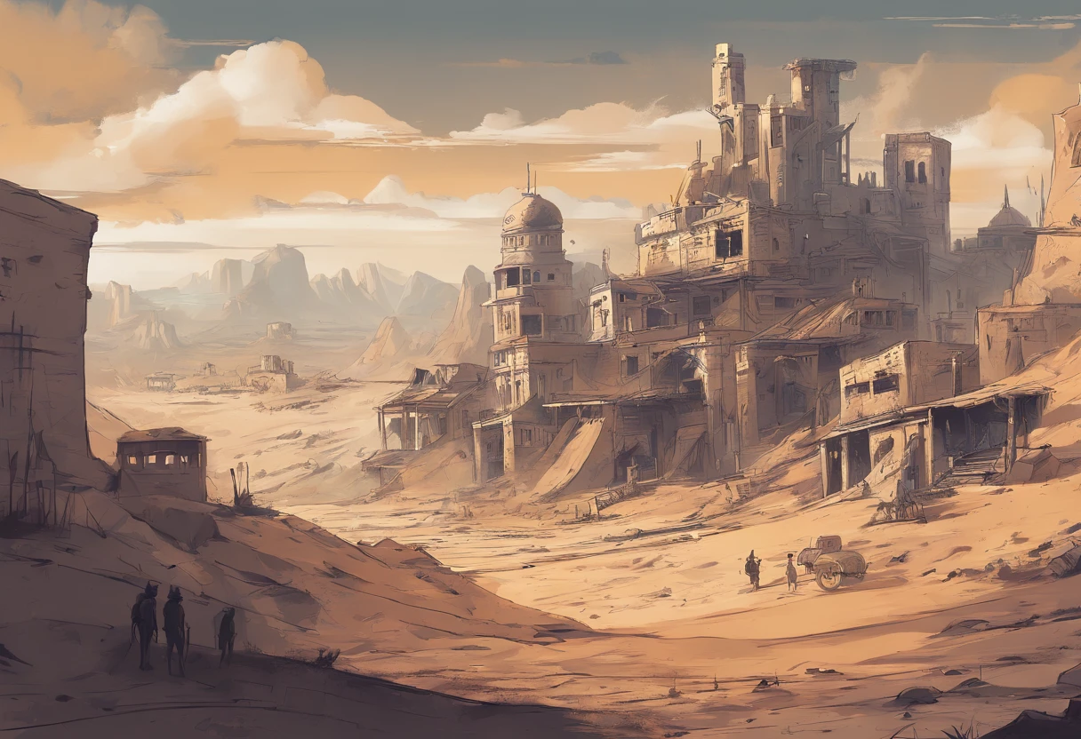 Apocalyptic war, Shades of white, Nero, A desert, Survivor, , Shadowing, dreary atmosphere, darkly, ((natta)), banners, Book cover,Wasteland,Western style,Wasteland construction,cowboys,Western Town,motor cycle,a revolver,Castle Wall,(Whales flying in the sky)