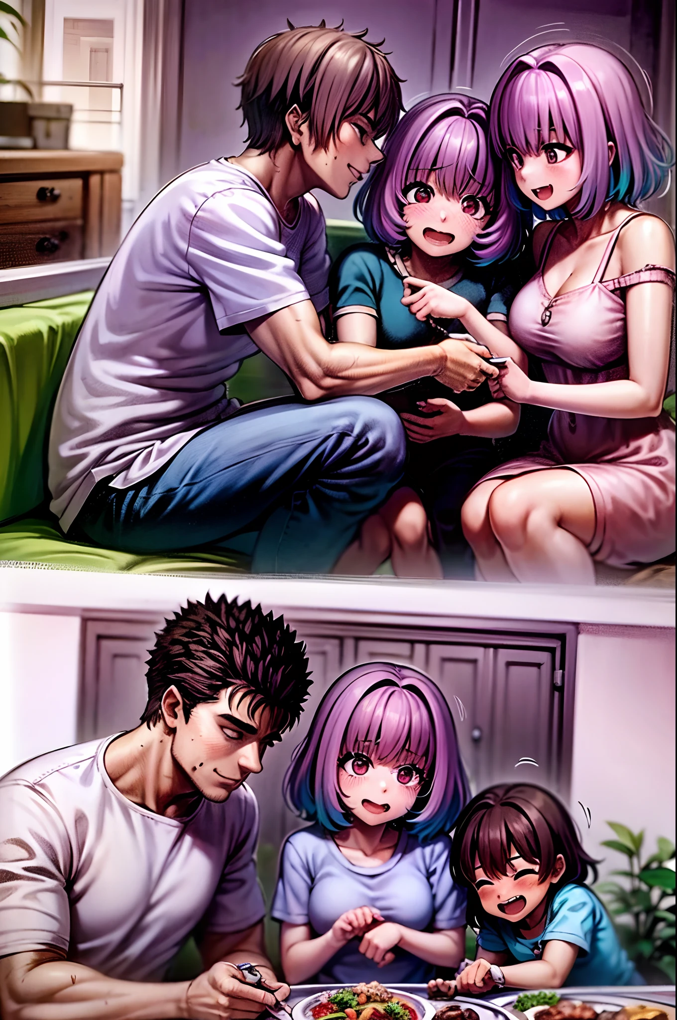The purple-haired royal sister is wearing pajamas，Ladylike temperament，Coquettish，perfect bodies，Large of breast，A little boy with purple hair underneath him wears a shirt，Bite on the nipple，oestrus，Fornication，Fornication