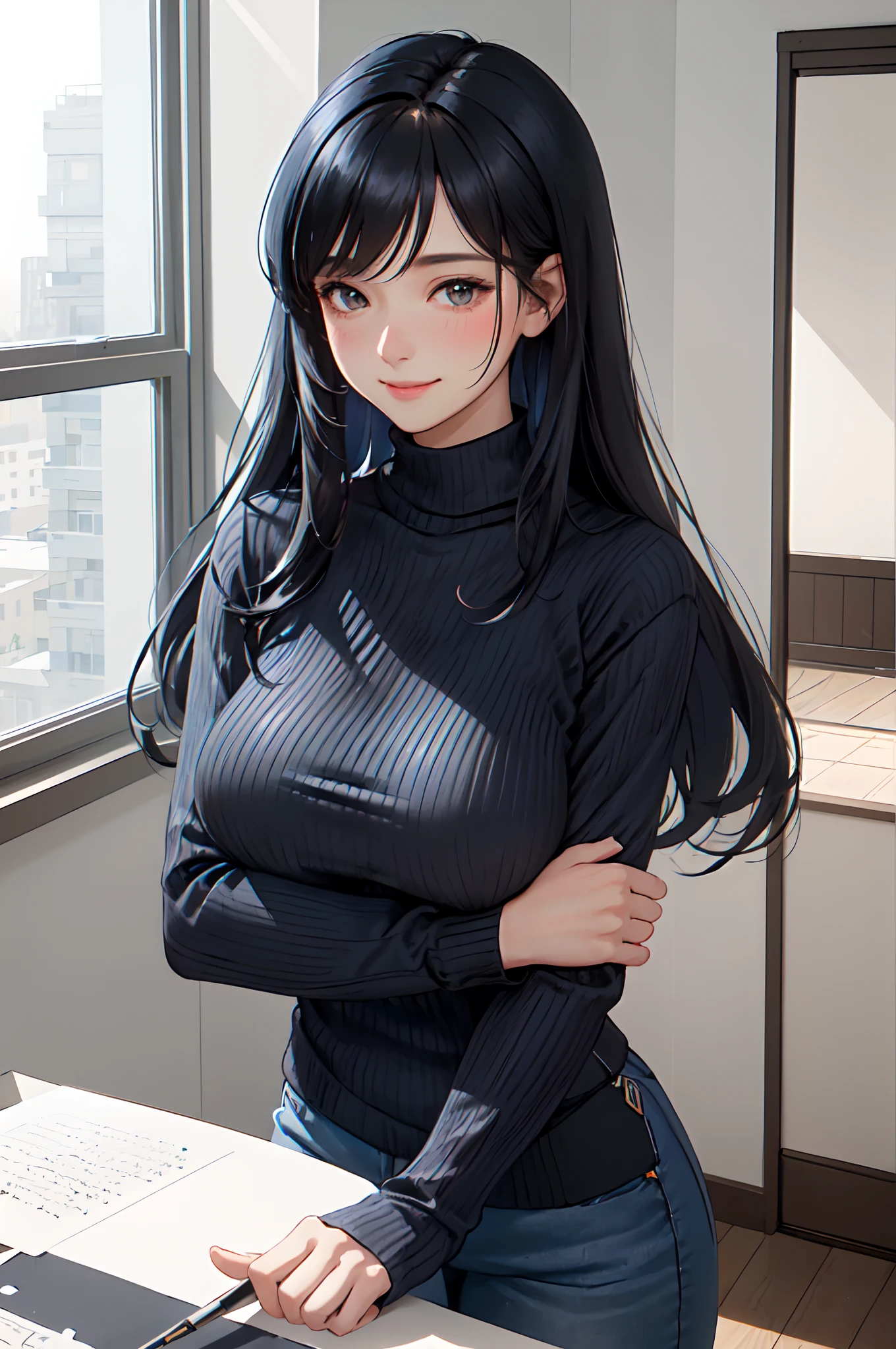 /(Modern home indoors/), 1 Lady Solo, maturefemale, /(Blue ribbed sweater/), /(Black hair/) Bangs, blush gentle smile, (masterpiece best quality:1.2) Ultra-detailed delicate illustrations, large full breasts