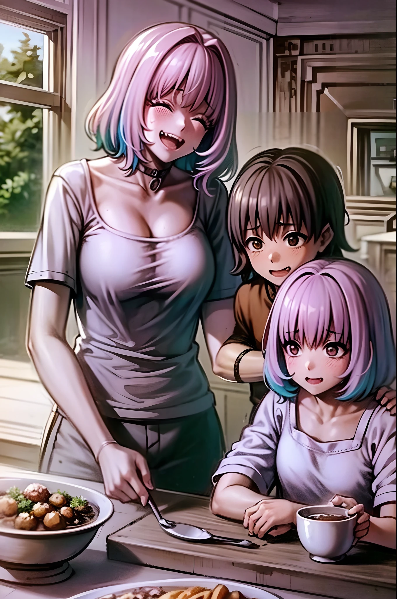 riamu yumemi,guts,couple,husband and wife,riamu motherly,house wife,cooking,mother and son,children,family,happy,(best quality,4k,8k,highres,masterpiece:1.2),ultra-detailed,(photo1.37),joyful,loving,embrace,adorable,cheerful,blissful,togetherness,warmth,smiles,vibrant colors,sunshine,beautifully lit,cosy home,harmonious,family bond,making memories,satisfying meal,homemade food,laughter,motherly affection,playful kids,herb garden,spacious kitchen,life's small joys,dreamy,wholesome,carefree,affectionate gaze,authentic moments,harmony of love and simplicity,unconditional love,tranquil,heartwarming,captured memories,cherished moments,intergenerational love,endless laughter,tight-knit,fond memories,blessed family,treasuring time together,priceless happiness