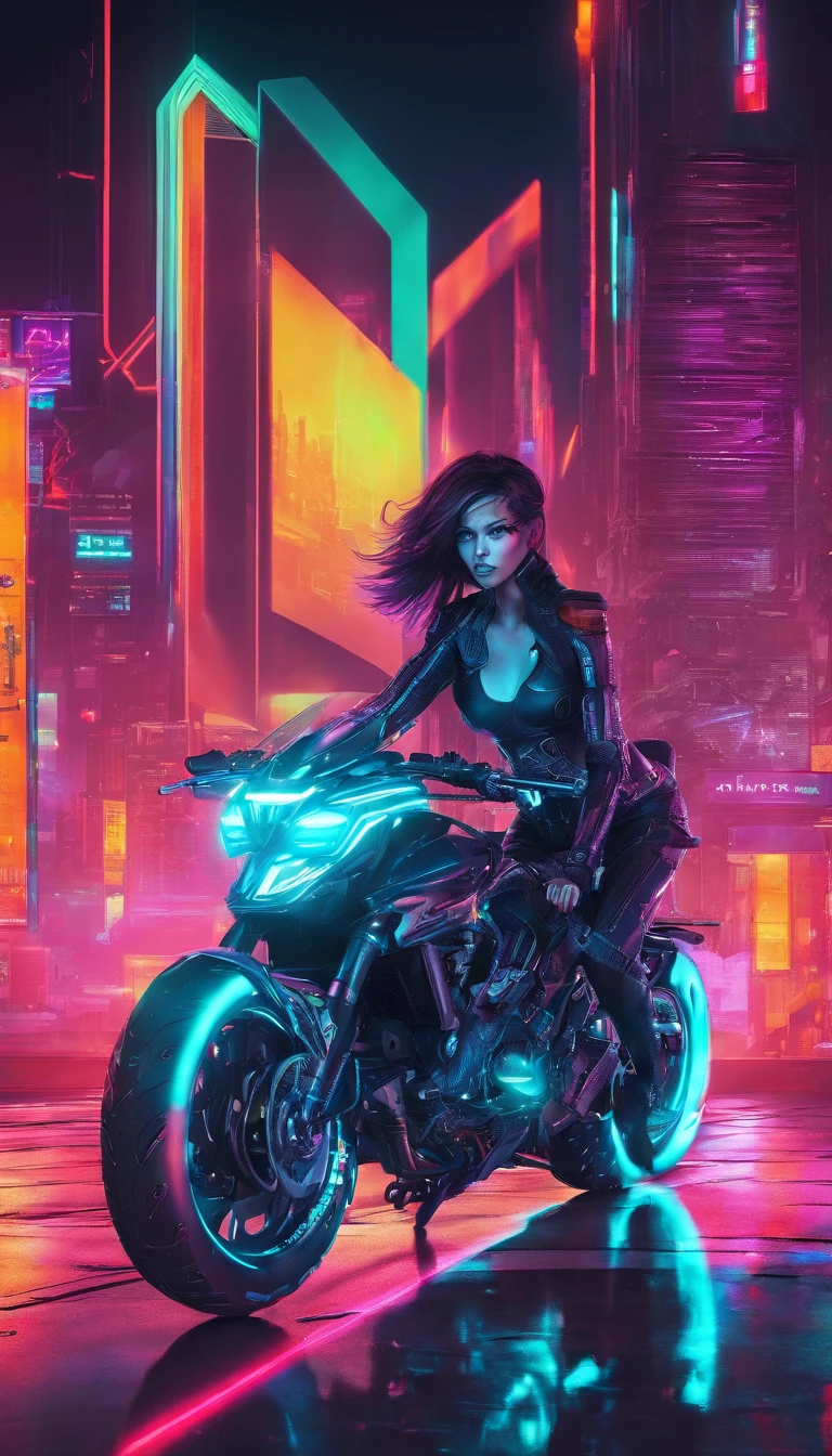 Woman riding on a cyberpunk style motorcycle, Tall and strong,Whole body mechanical structural parts,Black and neon color, It has an intricate mechanical structure and luminescent parts. Simple background, photography of:Juergen Teller. Camera model: Sony A9 II. Camera parameters: Shutter speed 1/200, aperture F4.5, ISO 800. Lighting style: the street lights. Fancy words: Powerful, sleek, Futuristic