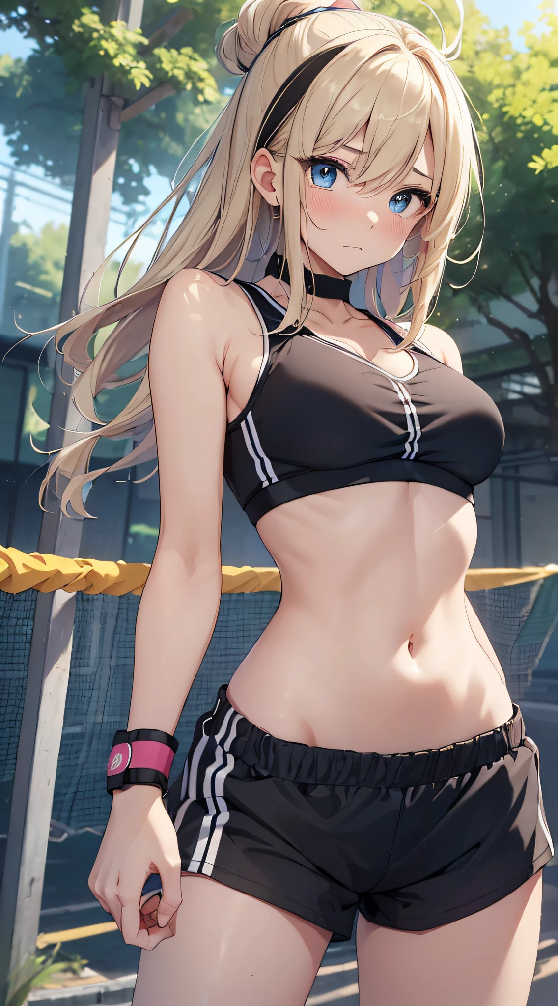 top-quality、Top image quality、masterpiece、girl with((18year old、sportswear、Black Sports Bra、Blue short pants、Best Bust、Bust 85、a blond、Longhaire、Blue eyes、open chest wide、Happiness、Black wristband on wrist、A slender、Shy face、耳Nipple Ring、Dunk Shoot、The wind blows、sweating))hiquality、visualart、Background with((Gymnasium))、masutepiece、