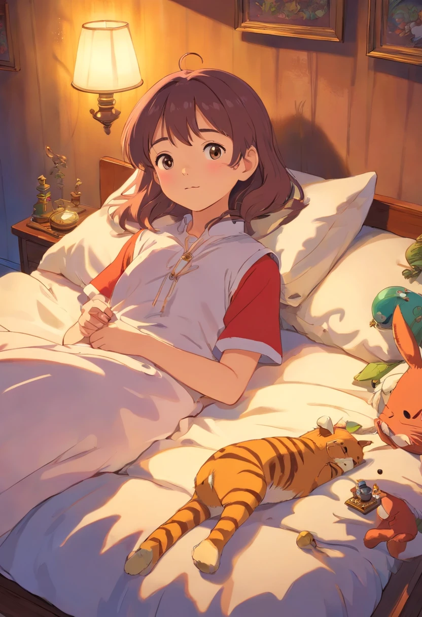 lying in bed,dreaming of adventure and mythical creatures,vibrant colors,soft lighting