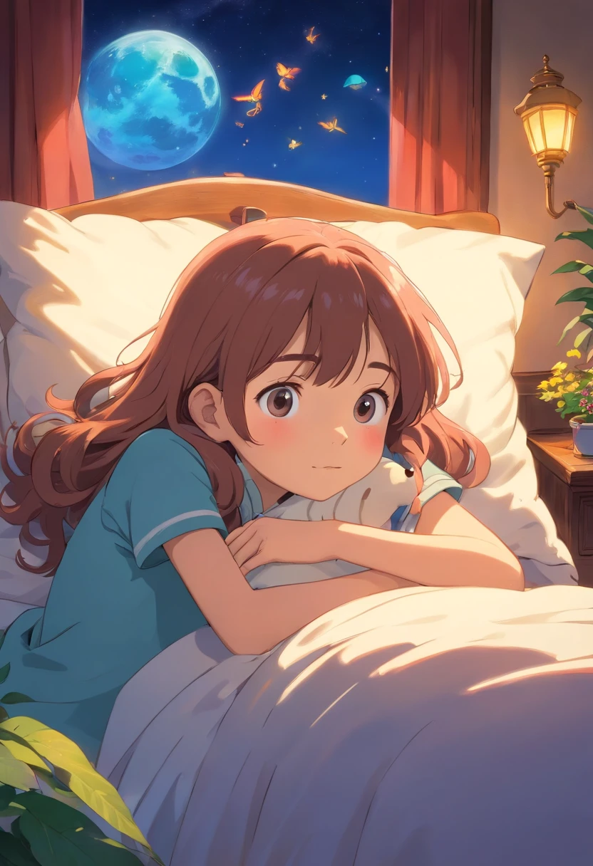 lying in bed,dreaming of adventure and mythical creatures,vibrant colors,soft lighting