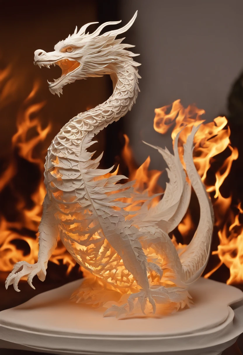 Best Quality, Top image quality, Top resolution, Intricate details, Craftsmanship, (Papercut:1.3), The work of a magician with fire magic, Ring of Fire, Dragon engulfed in flames, Cutting framed paper, Museum, Protruding from the flame of the flame, Actual Paper Burning, fire, Real Fire