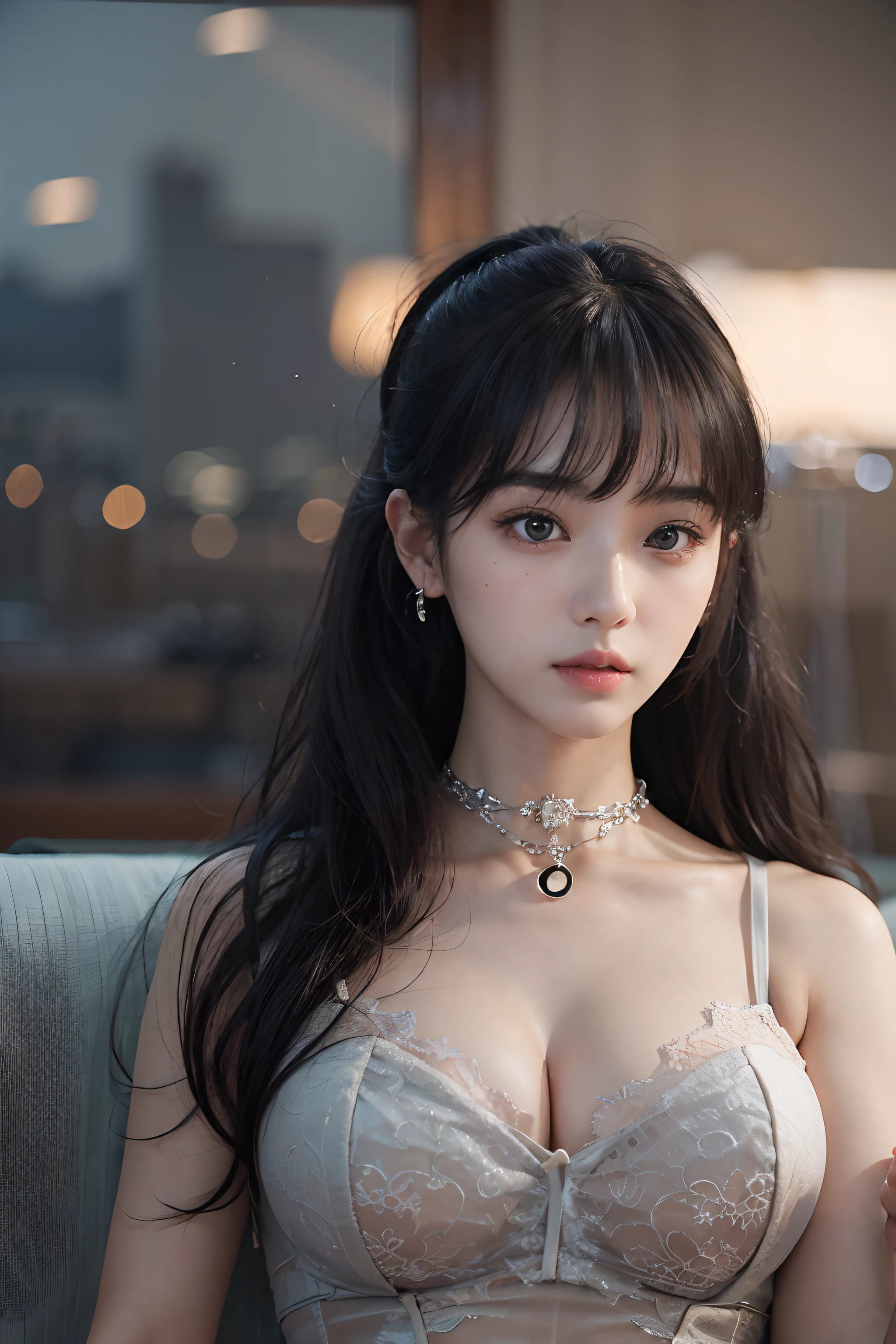 (Write)、(Photoreal Stick:1.2)、in 8K、(One Woman)、in her 20s、(High quality shadows)、(A charming expression)、Detail Beautiful delicate face、Detail Beautiful delicate eyes、((Bangs))、((Black hair long hair ponytail))、Pretty Kpop Girl、(Korean Urzan Face)、(ulzzang -6500-v1.1:0.6)、pureerosface_v1、(looking at view)、gloweyes、perfectbody、Natural color reproduction、((strong lights))、(a choker)、((Brown eyes))、((A dark-haired))、(poneyTail)、((Beautiful Finger))、 Shiny hair、Description beautiful delicate hair、(Lustrous skin)、(Black see-through dress)、(heavy bangs)、(corsets)、(long skirt)、(early evening)、(huge window)、(drapes)、(Background blur)、(Sit on a large sofa)、(Relaxing Pose:1.5)、Cinematic perspective、