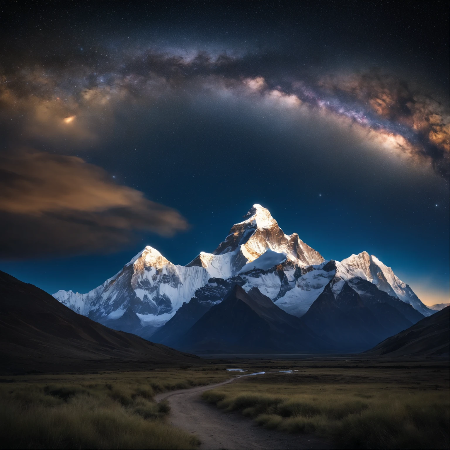 Master Parts、Superior Quality、superior image quality、The 8k quality、Beautiful pictures of the starry sky、magnifica、Arched Milky Way:1.9、Mount Everest