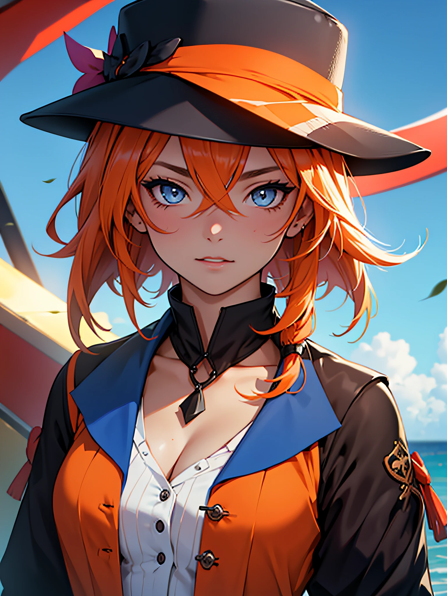 1fille, cheveux orange, yeux bleus , porter une chemise similaire aux chemises Genshin Impact , , with a hat on , ultra HD , 8k , highly detailed