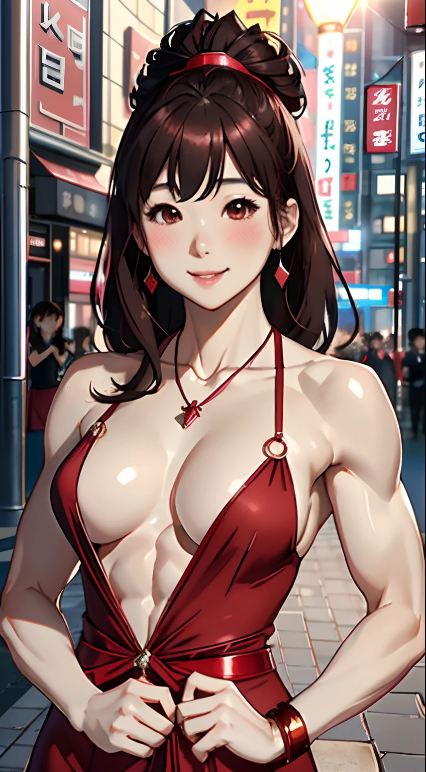 attractive korean woman, ripped muscle, muscular body, small breast, pale skin, smile(blush), closed mouth, red dress, thin diamond pendant, sixpack abs, [ultra detailed skin:1.2], brown hair, short messy hair, 8k uhd, full body, stand, crowd, public, night,
