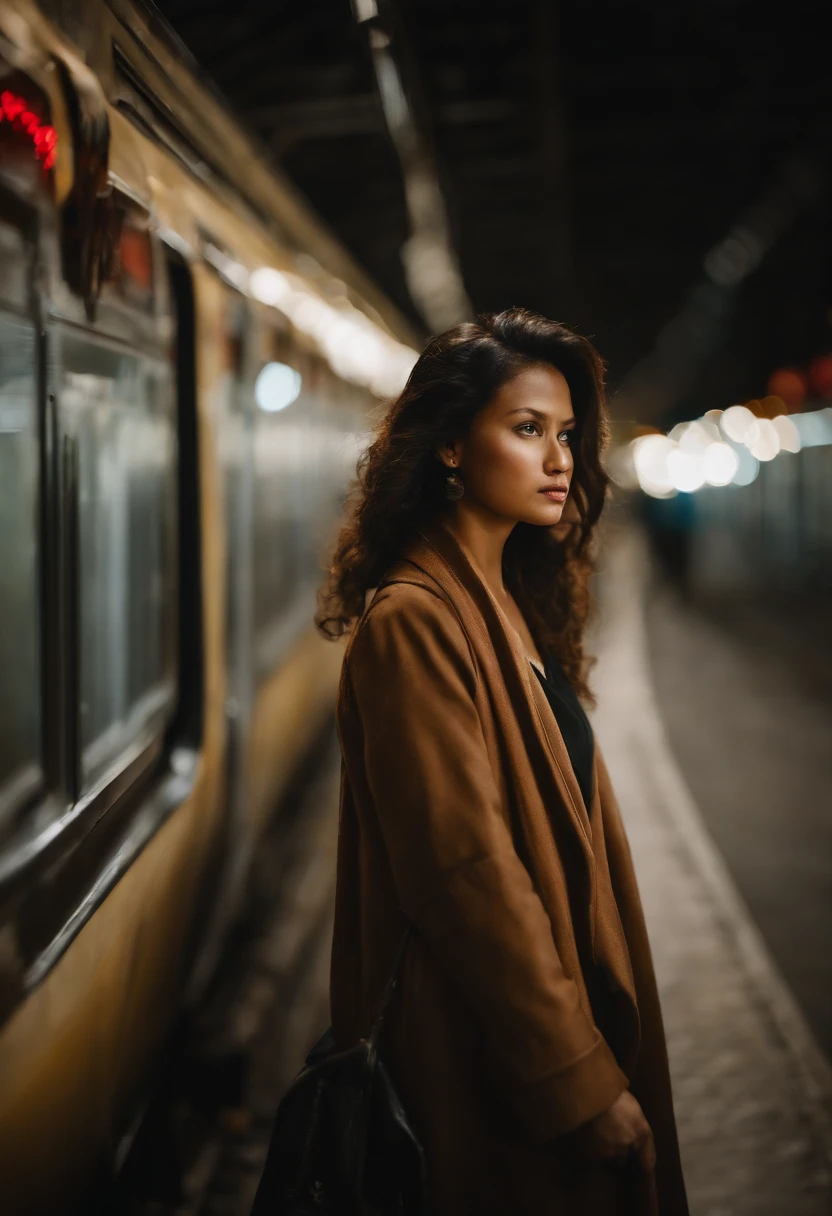 nightshoot, Best quality, masterpiece, very high resolution, beautiful indonesian women, in a brown coat, blue jeans trouser, scarf around her neck,, sit on train, from the inside of train she see a beautiful night metro city,, depth blur. bokeh, cinematic grading