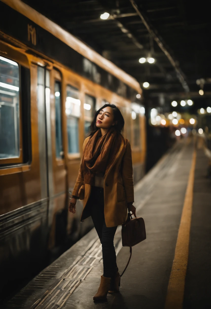 nightshoot, Best quality, masterpiece, very high resolution, beautiful indonesian women, in a brown coat, blue jeans trouser, scarf around her neck,, sit on train, from the inside of train she see a beautiful night metro city,, depth blur. bokeh, cinematic grading