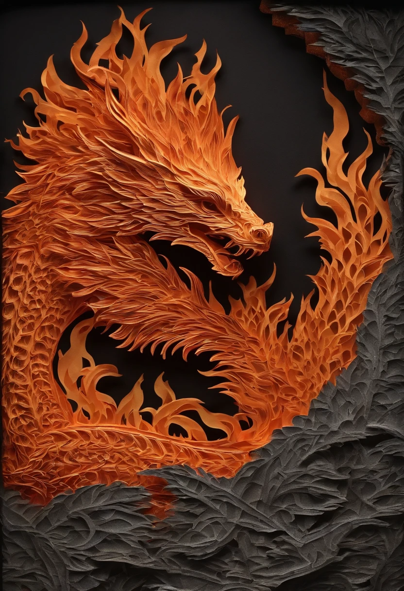 Best Quality, Top image quality, Top resolution, Intricate details, Craftsmanship, (Papercut:1.3), The work of a magician with fire magic, Ring of Fire, Dragon engulfed in flames, Cutting framed paper, Museum, Protruding from the flame of the flame, Actual Paper Burning, fire, Real Fire