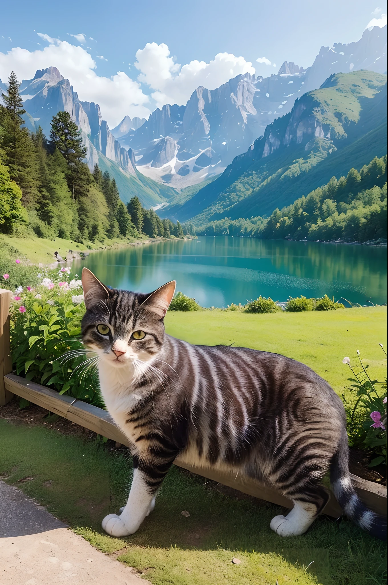 ((top-quality、​masterpiece、photographrealistic:1.4、in 8K))、Cats、(Mountains and lakes in the background)、detailed pussy、Delicate and beautiful cat、Beautiful Landscapes