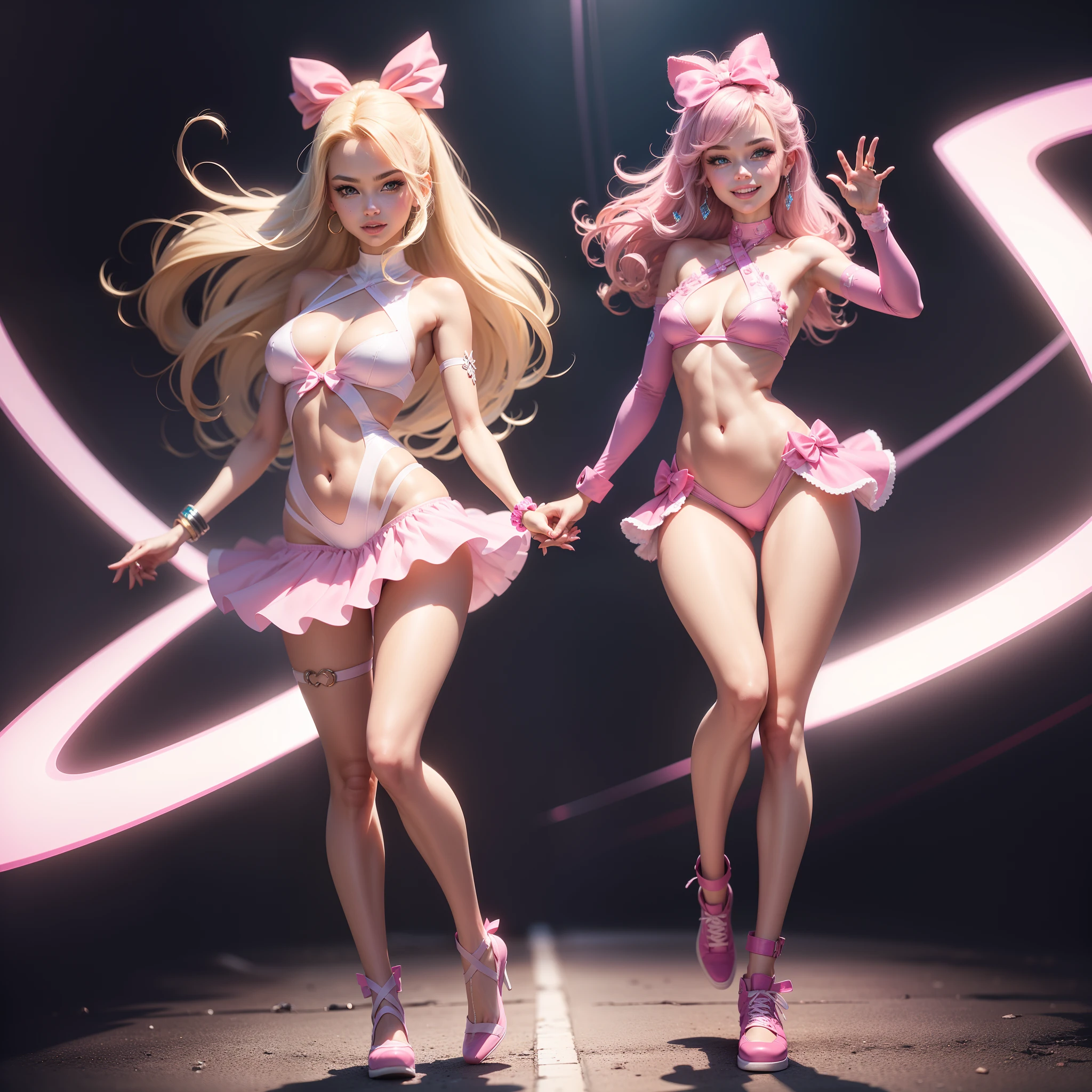 One Barbie, ((Full body)), Blue eyes, Smiling face, Hair loss swaying in the wind, Hip Hop Singer Pose, Dressed in hip-hop style, Wearing pink riders that reflect light,swarovski,pasties,With a pink bow on the arm, Fashion, Extremely high quality, high details, 8K, clean back ground, in studio, ((Full body shot)),Align your fingers neatly,Accurate Hand Modeling,wave her hand,
