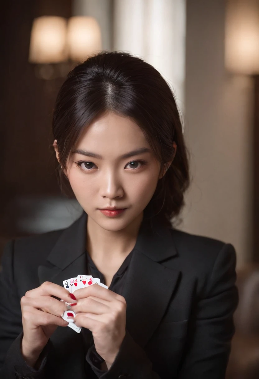 A young Japanese woman with a black suit up to a shirt and playing cards with black leather gloves on both hands