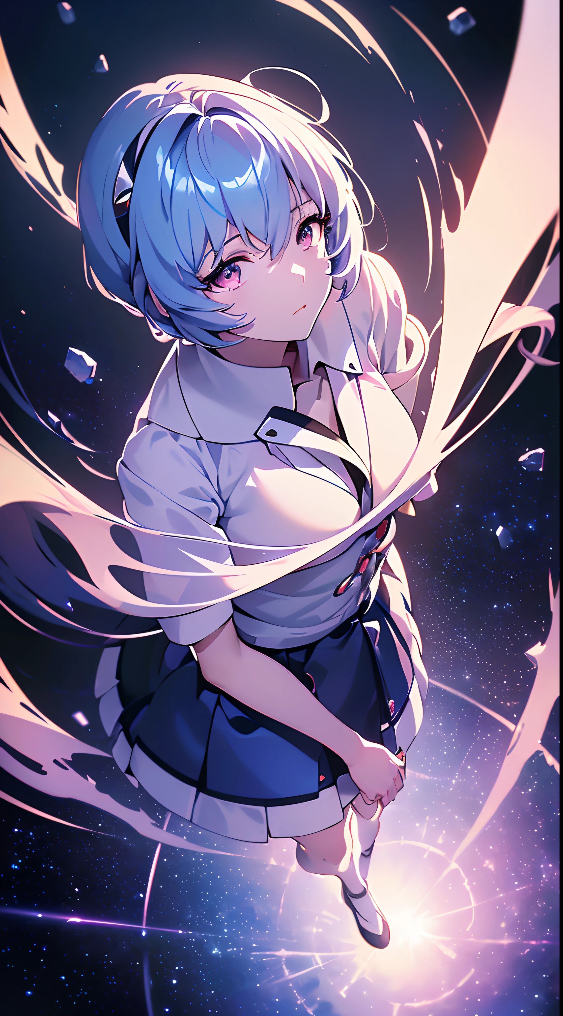 (((ayanami rei:))),((((BREAK,Design an image with a fisheye lens effect, capturing a wide field of view with a distinctive, curved perspective:1.7.BREAK,)))1girl,solo,(masterpiece,best quality, official art,aim to viewers, beautiful and aesthetic:1.3),((ultra high res,golden ratio,)) (4k,8k,16k),((from above)),((((seen from above,outer space, floating,))))dynamic lighting, natural lighting,(photon mapping, radiosity, physically-based rendering,automatic white balance), technological sense,Amazing,sharp focus,rich background, (((high detailed skin,)))dynamic lighting,intricate detailed outfit,glowing eyes,watery eyes,((short hair,))deadpan ,skiny, short skirt,button shirt,headgear,(masterpiece sidelighting),(bishoujo,lustrous),(sky blue hair,pink eyes,）[[delicate fingers and hands:0.55]::0.85],(detail fingers),(((Ultra Photographic Quality,ultra wide angles)))),((incredibly absurdres)),full body shot,((extremely_detailed_eyes_and_face)),(disheveled hair),FilmGirl,(dynamic configuration: 1.1),Brilliant,drifting through a Nebula,stylish pose,ethereal atmosphere, dreamy trails, time-lapse effect, glossy finish, ,striking contrast,