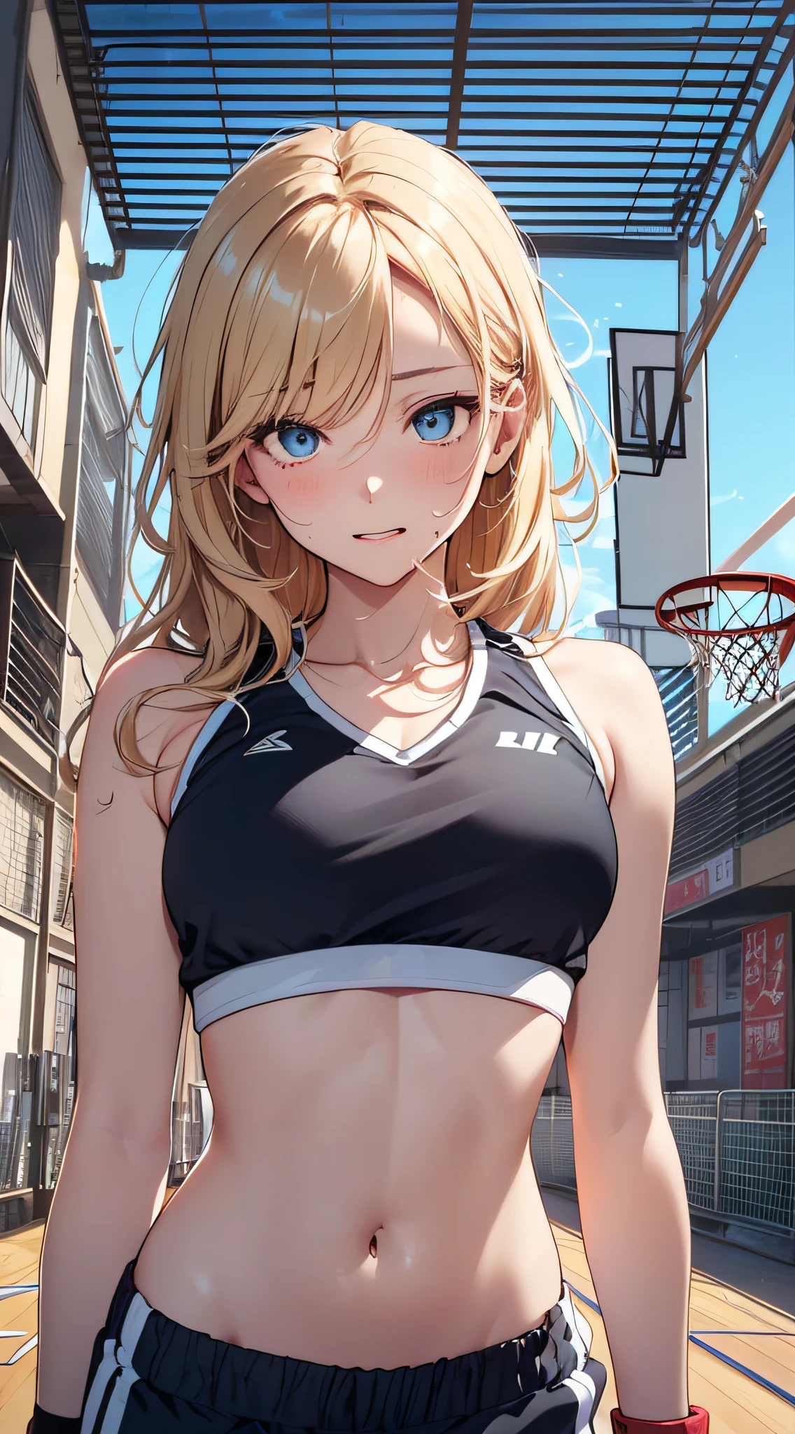 top-quality、Top image quality、masterpiece、girl with((18year old、Sportswear、Black Sports Bra、blue short pants、Best Bust、Bust 85、a blond、Longhaire、Blue eyes、open chest wide、Happiness、Black wristband on wrist、A slender、Shy face、耳Nipple Ring、Dunk Shoot、The wind blows、Sweating))hiquality、visualart、Background with((Gymnasium、Basketball Venues))、masutepiece、