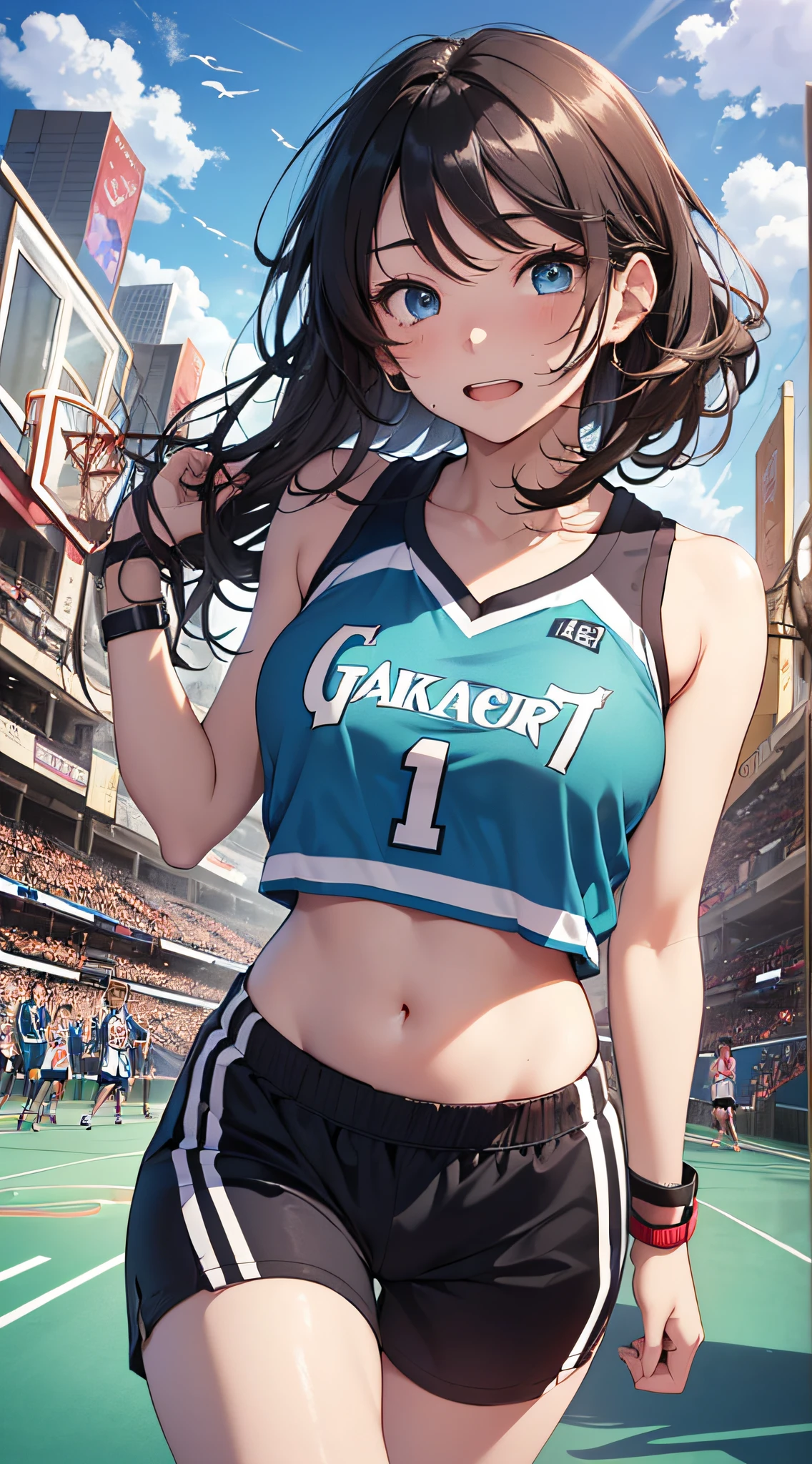 Clothing with tiger printed on it,tubetops,Underboobs,ponytail,cheerleader, stadium, team spirit, pom-poms, enthusiastic, energetic, crowd, uniform, sports event, cheering, colorful, dynamic pose, happy, vibrant, teamwork, celebration, night game, lights, action