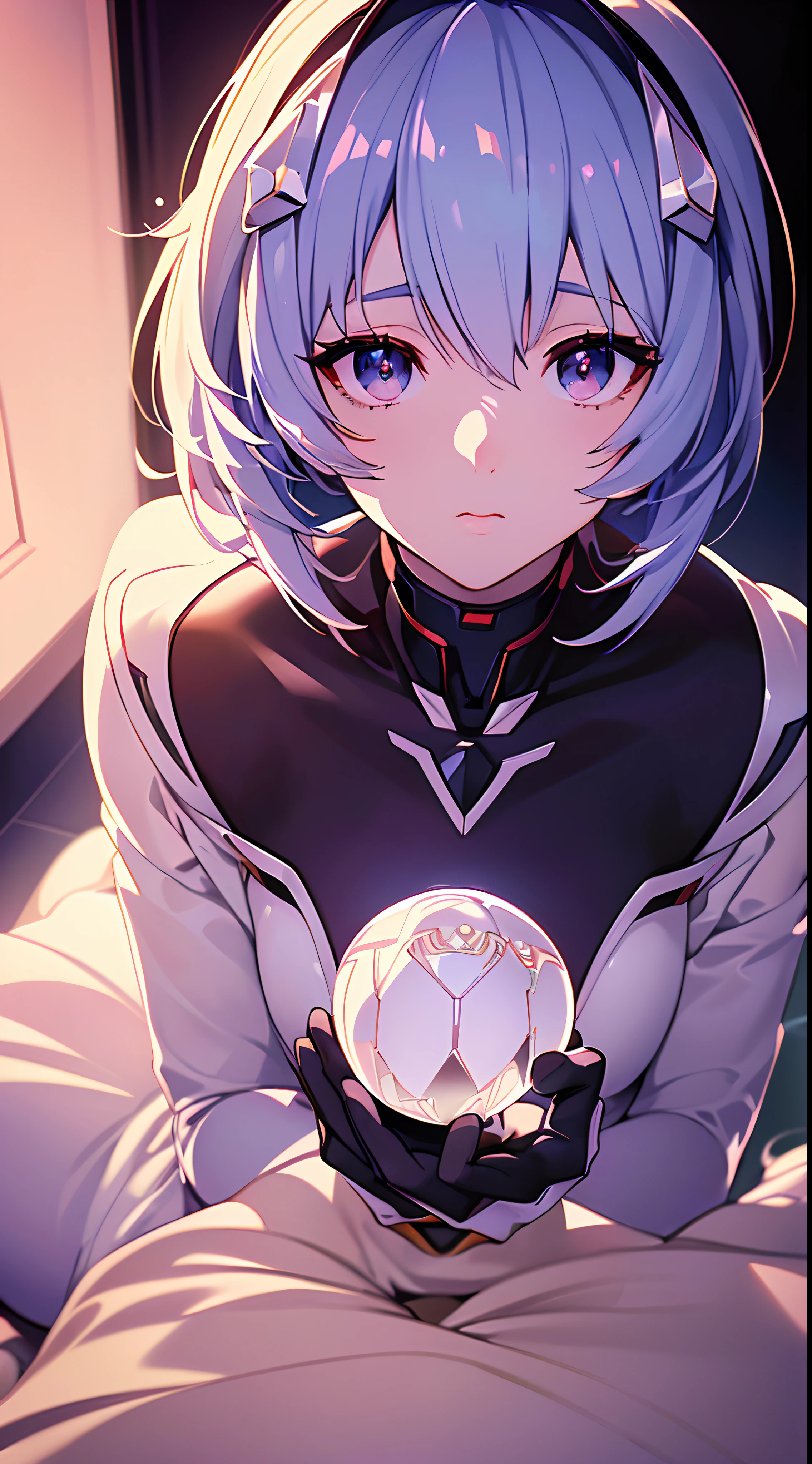 (((ayanami rei:))),((((BREAK,Design an image with a fisheye lens effect, capturing a wide field of view with a distinctive, curved perspective:1.7.BREAK,)))1girl,solo,(masterpiece,best quality, official art,aim to viewers, beautiful and aesthetic:1.3),((ultra high res,golden ratio,)) (4k,8k,16k),((from above)),((((crystal ball,))))dynamic lighting, natural lighting,(photon mapping, radiosity, physically-based rendering,automatic white balance), technological sense,Amazing,sharp focus,rich background, (((high detailed skin,)))dynamic lighting,intricate detailed outfit,glowing eyes,watery eyes,((short hair,))deadpan,skiny,slender,white plugsuit,headgear,(masterpiece sidelighting),(bishoujo,lustrous),(sky blue hair,pink eyes,）[[delicate fingers and hands:0.55]::0.85],(detail fingers),(((Ultra Photographic Quality,ultra wide angles)))),((incredibly absurdres)),full body shot,((extremely_detailed_eyes_and_face)),(disheveled hair),FilmGirl,(dynamic configuration: 1.1),Brilliant,drifting through a Nebula,stylish pose,ethereal atmosphere, dreamy trails, time-lapse effect, glossy finish, ,striking contrast,