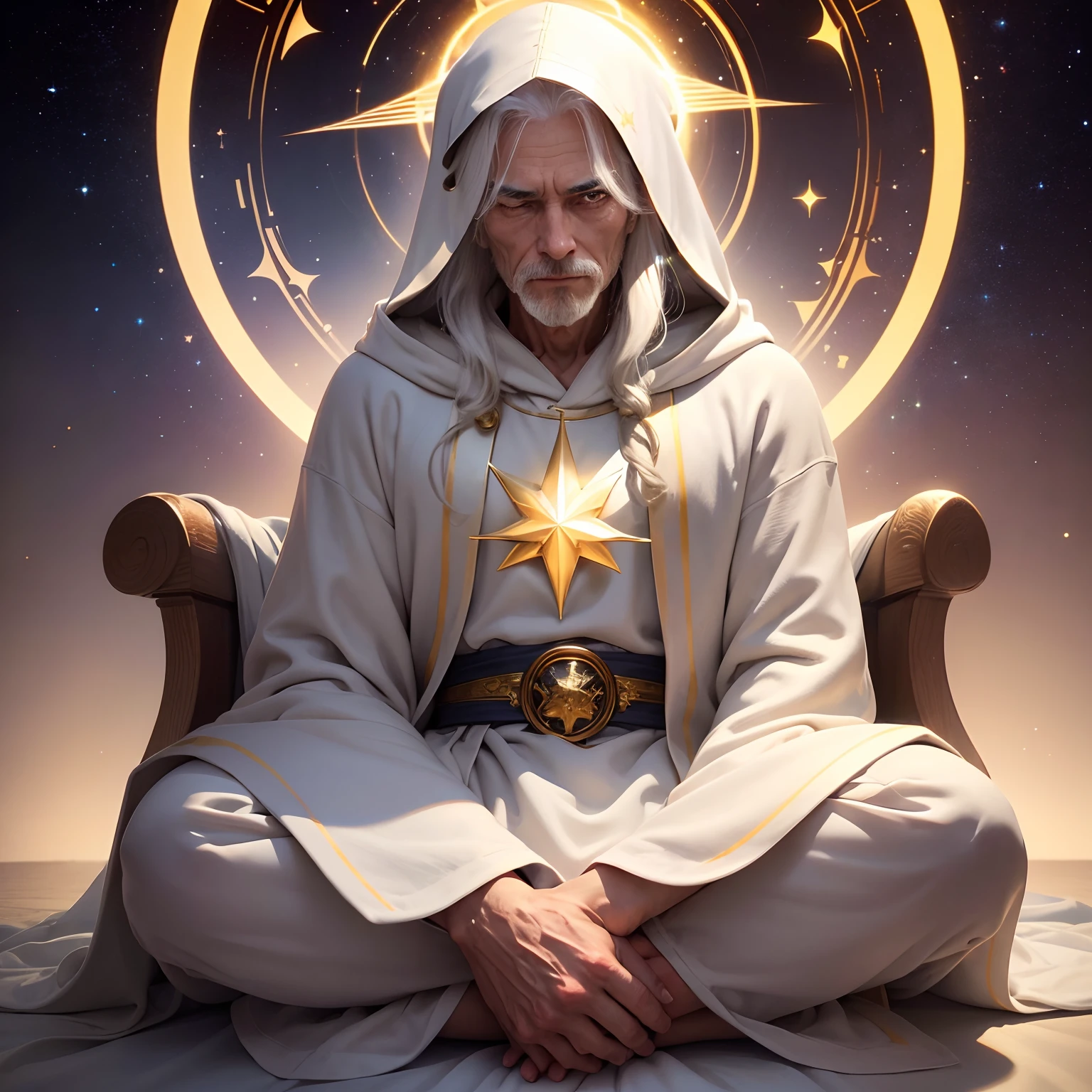 masterpiece, ultra detail, good posture, oldman long white hair wearing grey robe hoody, he cover his head with robe, very wise, colse eye, peaceful expression, soft smiling, detail micro expression, sitting meditation pose, megical golden aura, at centre his heart sparkling shinning 4 pointed star with rainbow halo. galactic interstellar dark backgroud.