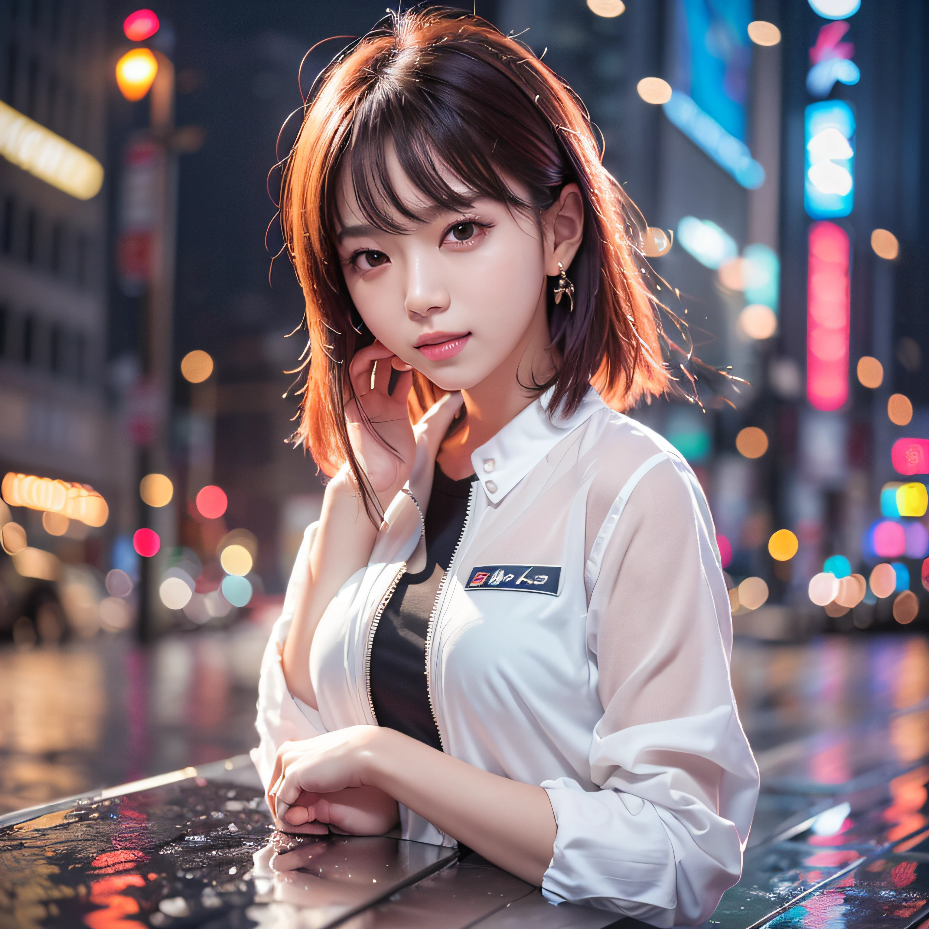 (8K, Raw photo, Best Quality, masutepiece:1.2), (Realistic, Photorealsitic:1.37), Omertosa, 1girl in, (Kpop Idol), (aegyo sal:1), Cute, Cityscape, Rain, Wet, Professional Lighting, Photon mapping, Radio City, Physically-based rendering,,