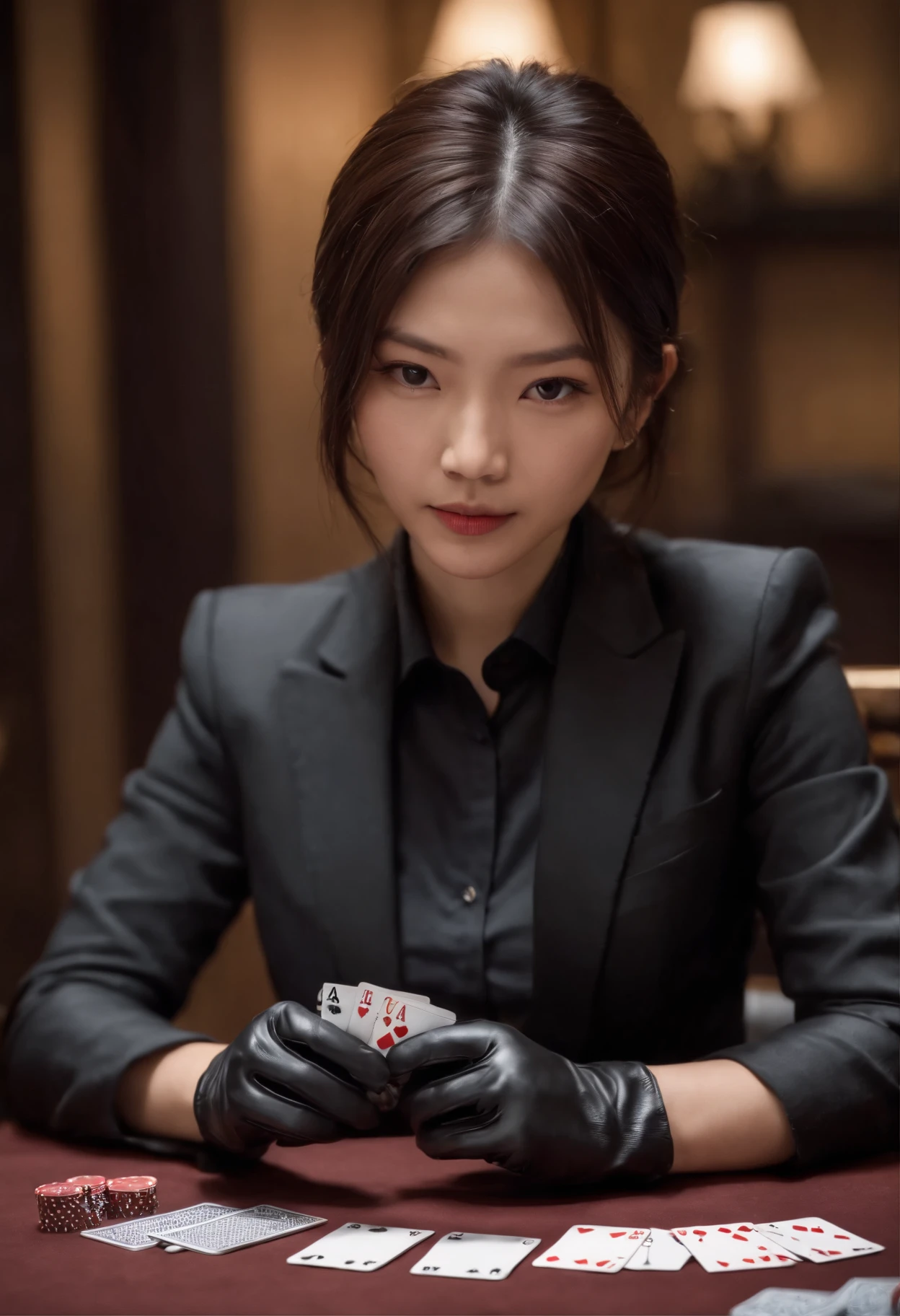 A young Japanese woman with a black suit up to a shirt and playing cards with black leather gloves on both hands