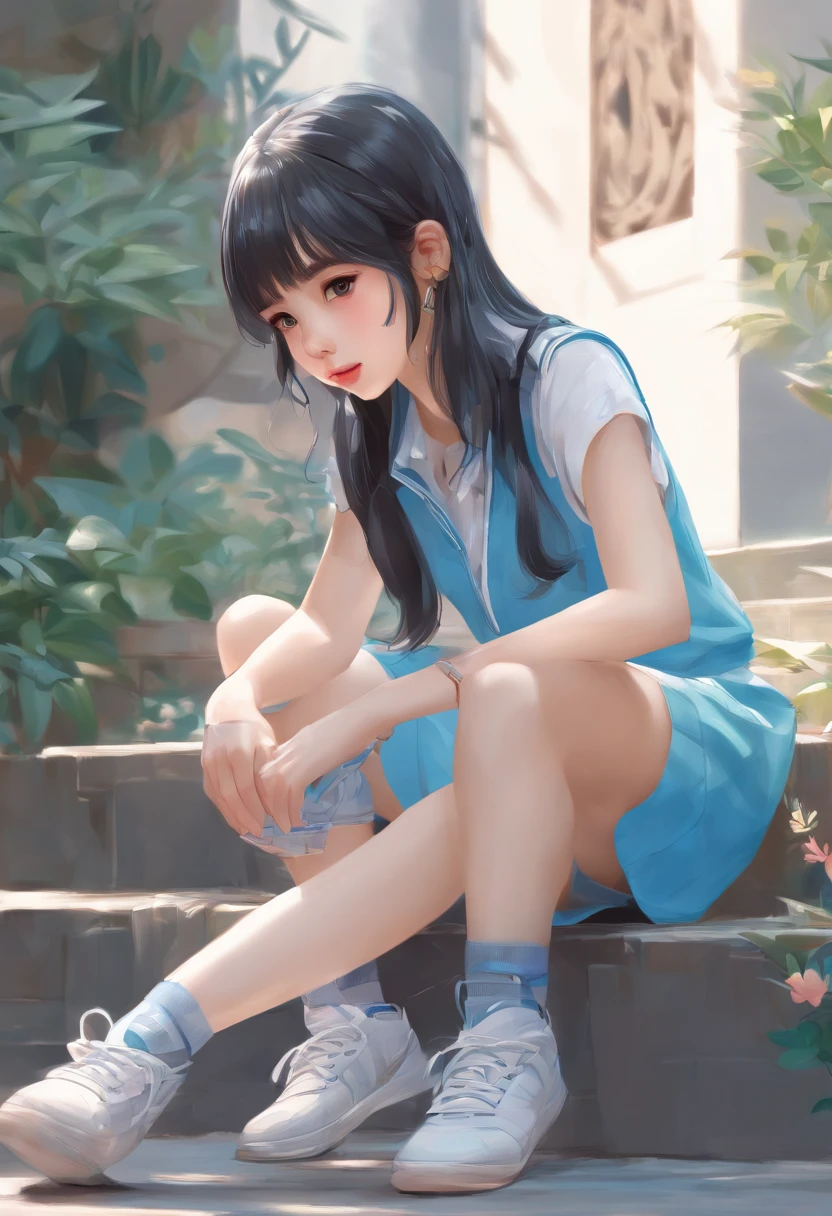 Alafed Asian girl crouching sleeveless in light blue on the ground,sweat-drenched sleeveless, Real life girls, Cute Girl, Beautie, neat hair with bangs, chiho, sakimichan, a hyperrealistic schoolgirl, cute kawaii girl