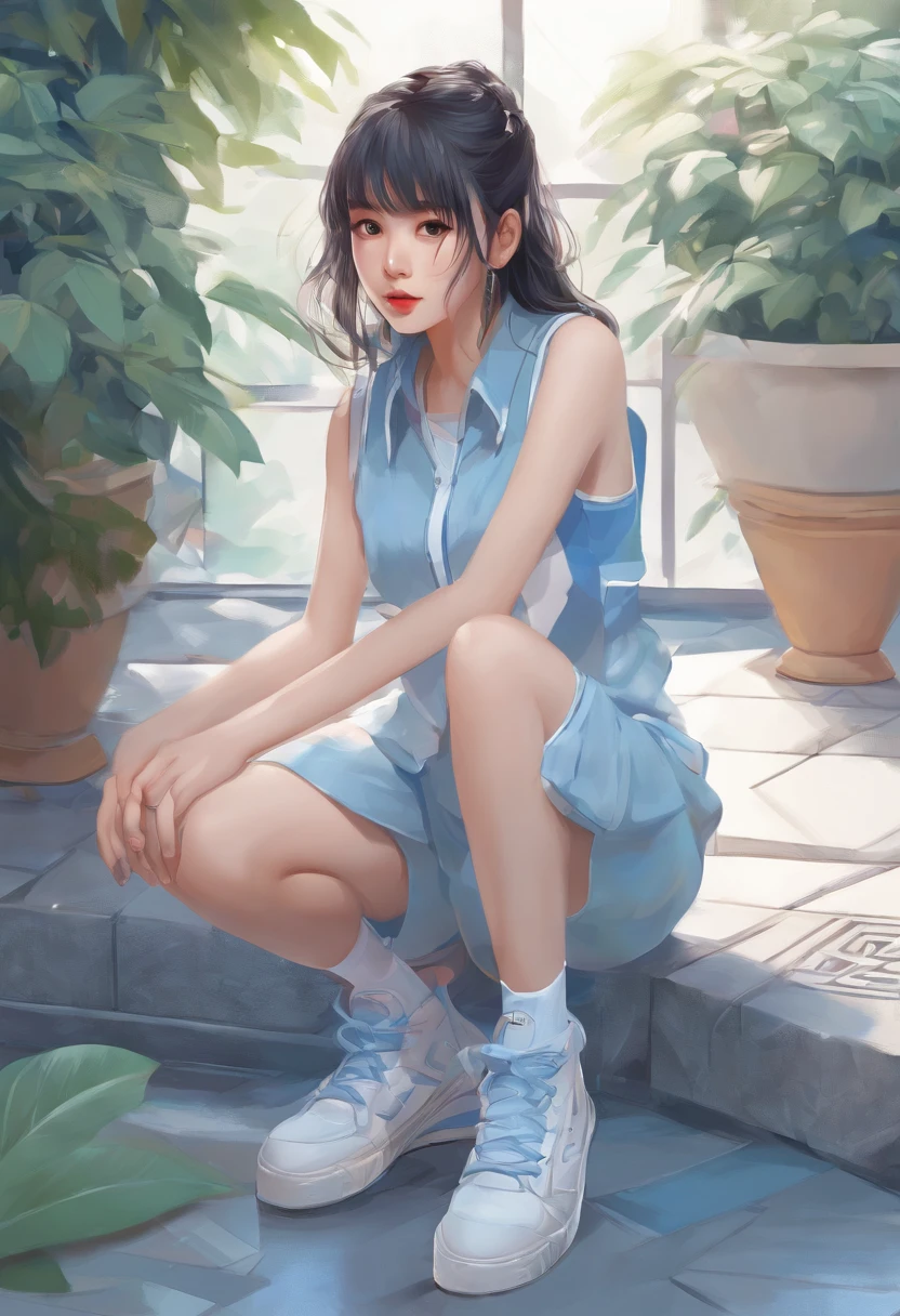 Alafed Asian girl crouching sleeveless in light blue on the ground,sweat-drenched sleeveless, Real life girls, Cute Girl, Beautie, neat hair with bangs, chiho, sakimichan, a hyperrealistic schoolgirl, cute kawaii girl