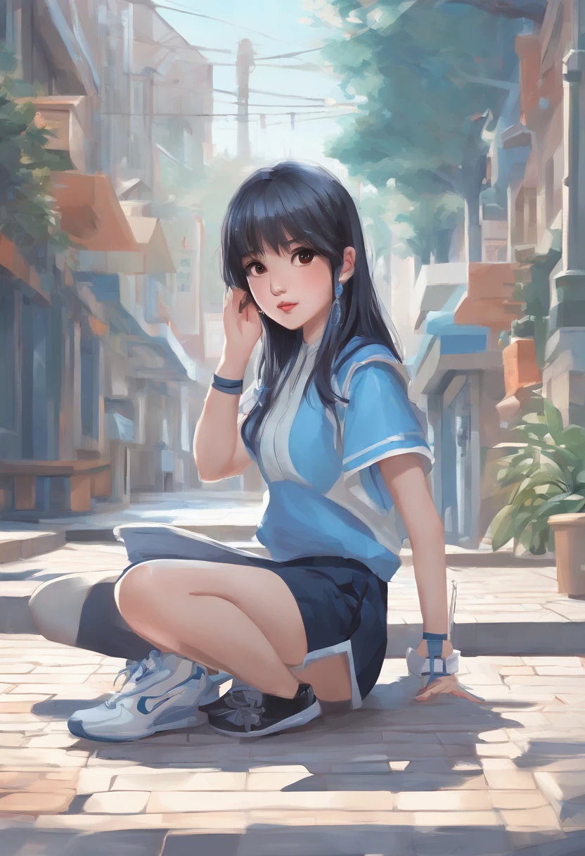 Alafed Asian girl crouching sleeveless in light blue on the ground,sweat-drenched sleeveless, Real life girls, Cute Girl, Beautie, neat hair with bangs, chiho, sakimichan, a hyperrealistic schoolgirl, cute kawaii girl