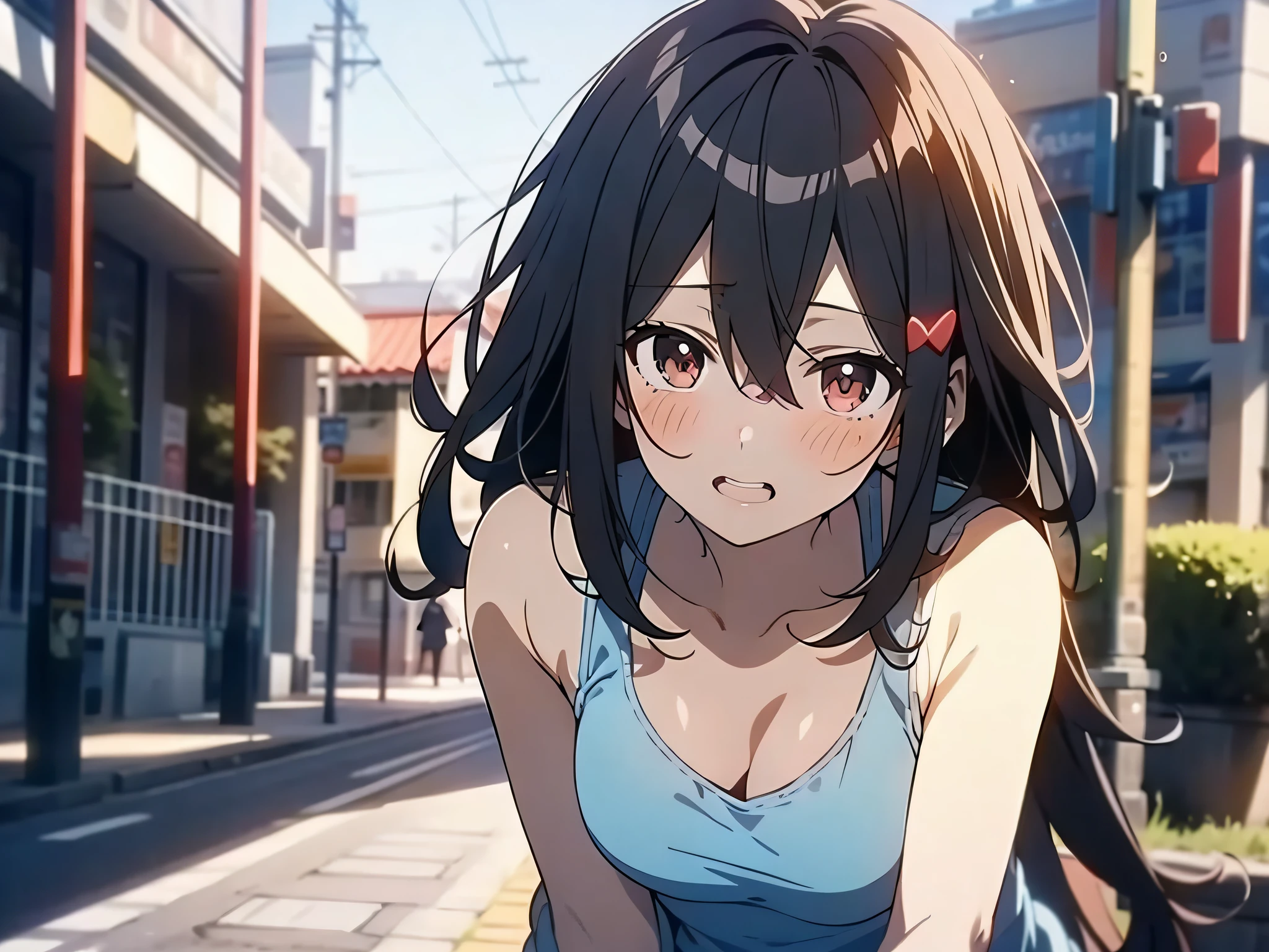 1girl,solo,yuuki mikan,, ,brown hair,, ,1girl,,,small breasts,,open mouth,,cowboy shot,angry,(spoken heart),outdoor,,looking viewer,bare shoulder,miniskirt,leaning forward