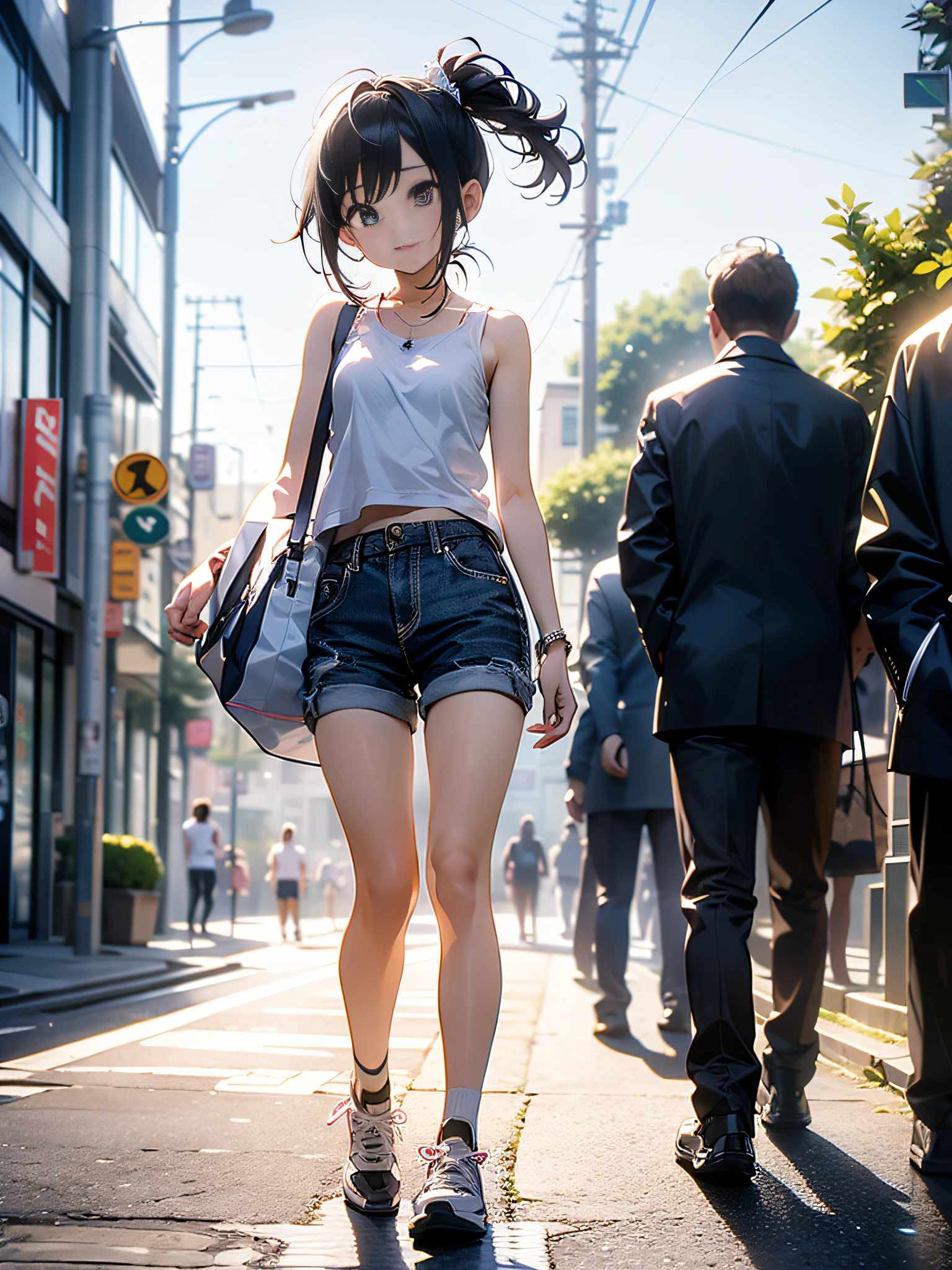 in 8K、top-quality、masterpiece、ultra-detailliert、Ultra-high resolution、Anime style、1人の女性、In the street、white tank tops、run、Sprint、perspiring