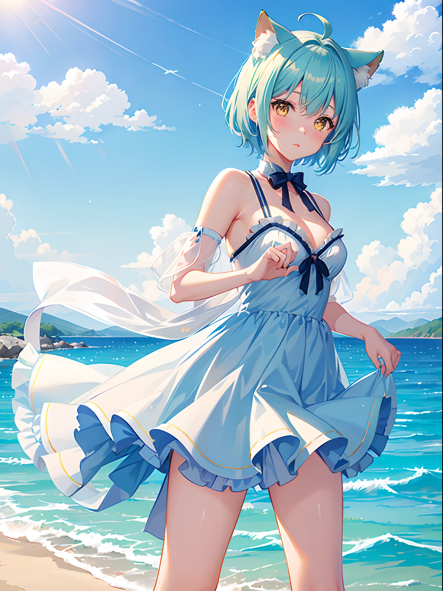 ((4K,masutepiece,Best Quality)),an extremely cute and beautiful girl with cat ears,Beautiful light blue short hair,bangs pinned back,Ahoge,Colored inner hair,Highly detailed beautiful face and yellow eyes,Cute,blush,white swim wears,Beach,superfine illustration,shiney sun lighting,Sky Blue Tone, medium breast