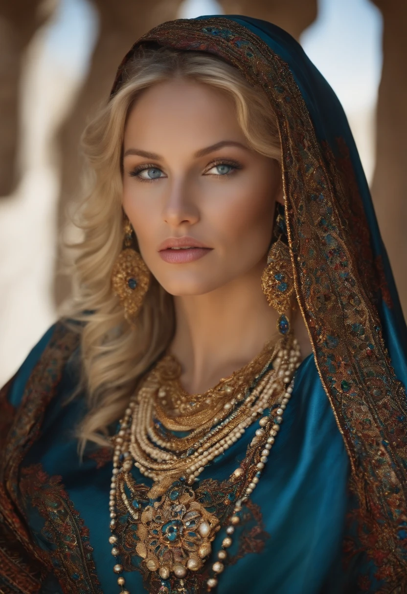 Very pretty blonde woman with blue eyes, qui porte plusieurs grands colliers de perles pourtant caftan marocain couvre son corps entier