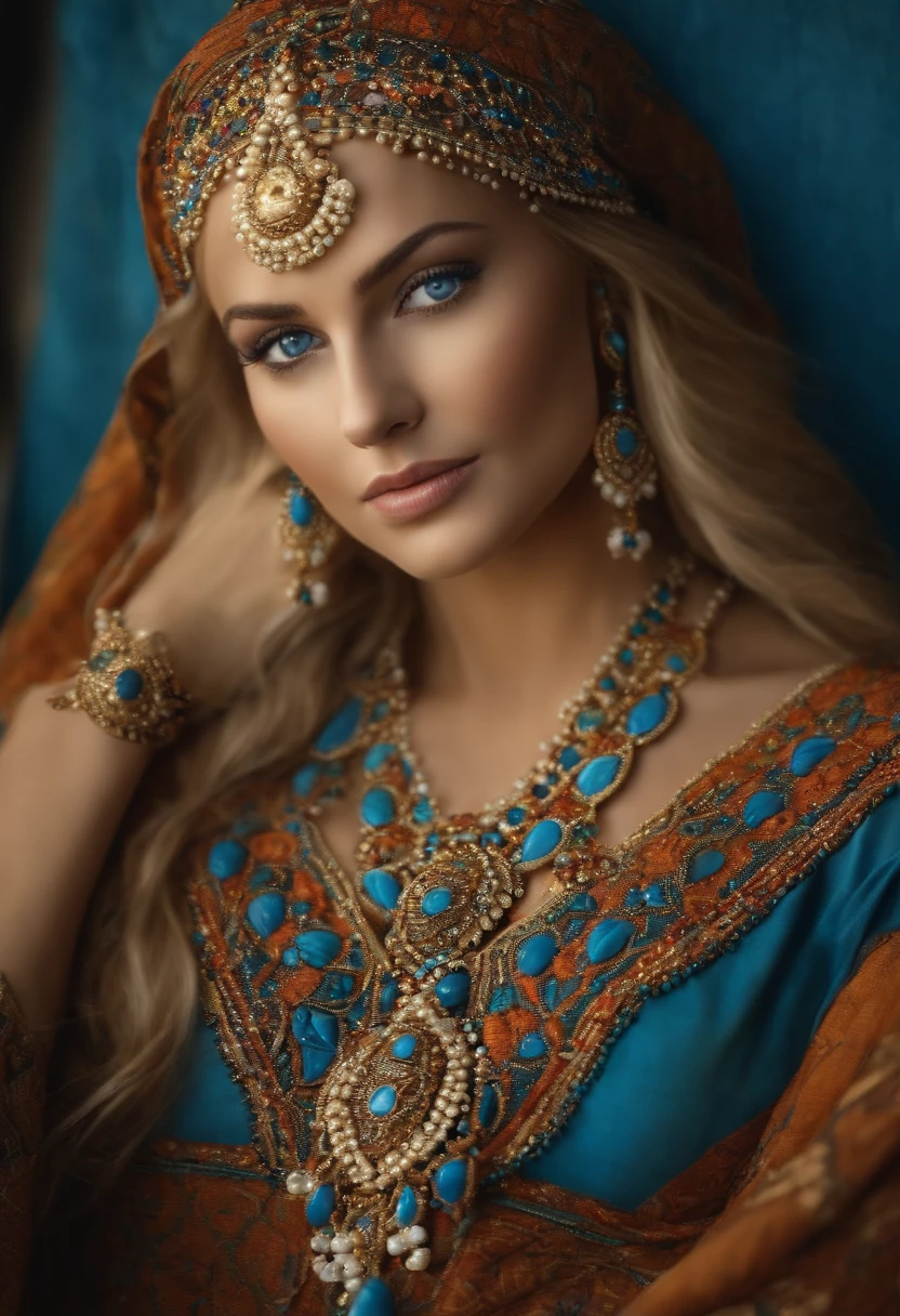 Very pretty blonde woman with blue eyes, qui porte plusieurs grands colliers de perles pourtant caftan marocain couvre son corps entier