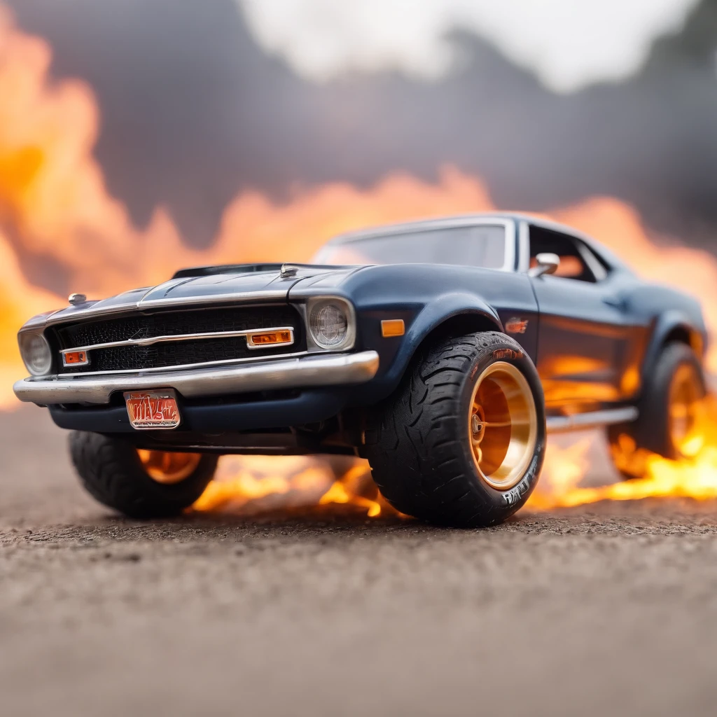 Hot wheels toy car, buring tires, flames, amazing cinematic, epic,