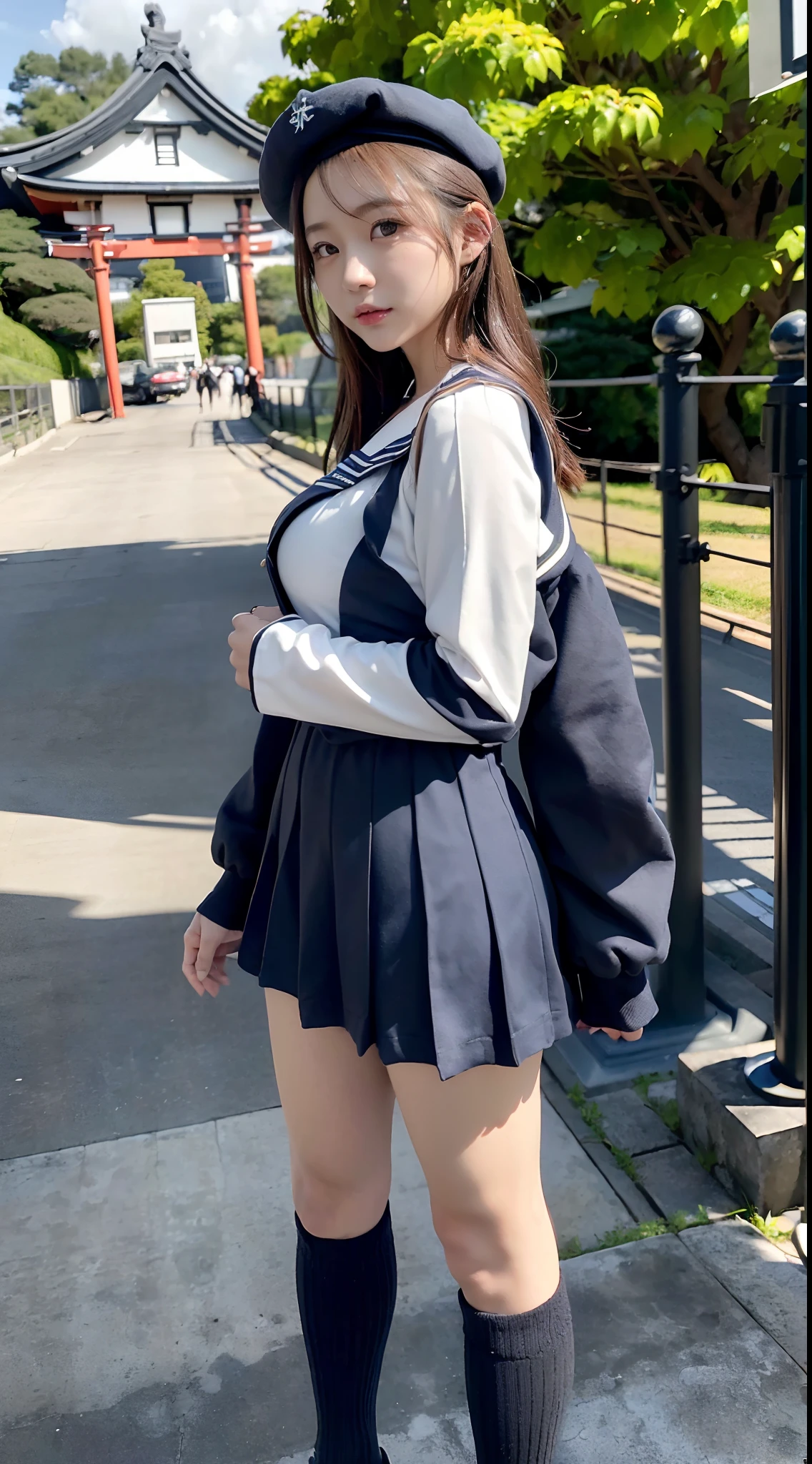 ((whole body:1.2,Voyeurism from the side:1.2,From afar:1.2)),((whole bodyポートレート:1.5)) Number of people;two genders: Beautiful girl age: Age 15 Height: 158cm Body Type: Thin and slender skin color: Bright pink hair color: Black hair length: Chest-length hair hairstyle: Straight Hair Bangs: Blunt, long eyes, face shape: Oval forehead width: Medium eyebrow shape: Thin and slightly arched Eyebrow color: Eye pupil shape: big、Slightly round eye color: Dark brown Eyelash length: Long and curly eyelashes: Black Nose Shape: smallて上向き 鼻の高さ: Low Mouth Shape: small、Beautiful lip line Lip color: Pink 歯: smallて整った白い歯 顎の形: Sharp ear shape: small、Slightly rounded earlobe: smallてthin ホクロ: Outer line of left eye5cmSmall mole under face: Fluffy cheeks Skin texture: Shiny, smooth skin Skin condition: Natural no-makeup facial expression: Smiling and bright, eyes wide open: bigぱっちり開いている 頬の赤み: Natural Cheek Effect Jaw Line: Sharp and small chin Pupil sparkle: Sparkling cheek lines: Soft and round neck: thin、Delicate Hand Size: small、Long fingers Nail shape: small丸い 爪の色: Natural Breast Size:Very large arm size: thin Leg length: Slightly longer than expected for height Thickness of legs: thinて引き締まっている 肩の幅: Slightly narrow clavicle: Visible waistline: thinてなだらか 姿勢: Run with your back straight: A light and rhythmic face angle: Sailor uniform front features Sailor uniform colors: White ribbon color: Bright red ribbon ribbon shape: The size of the ribbon tied in a simple shape: Small and modest sleeve shape: Short and narrow skirt shape: Pleated skirt Skirt color: Navy blue Skirt length: 15cm above the knee, socks color: White Sock length: Knee-length crew socks Shoe color: Black Shoe Shape: Loafers Tie Shape: The color of the tie worn under the sailor collar: Red skirt fit: Fits snugly around the waist Number of collar lines: 1Line sailor suit fabric: Cotton and polyester blend. Mr.々Facial expressions and poses.: A shy smile, Gaze direction: Slightly upper right hand movement: Brushing hair Body orientation: Front shoulder height: Natural Height、Relaxed facial expression details: A smile that exudes kindness