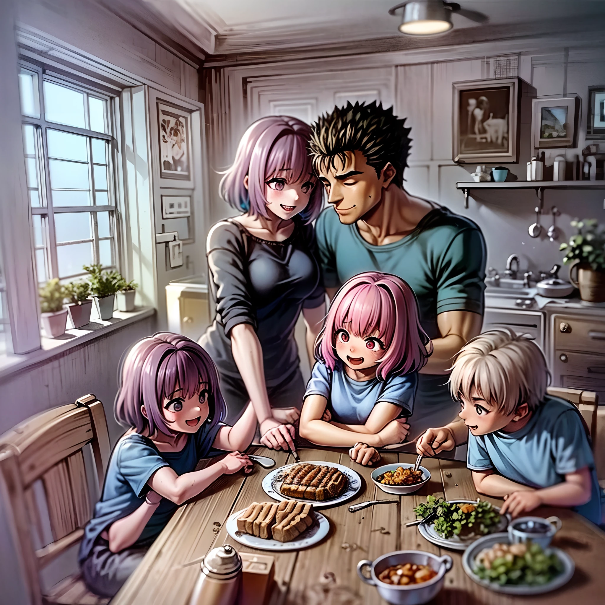 riamu yumemi,guts,couple,husband and wife,riamu motherly,house wife,cooking,mother and son,children,family,happy,(best quality,4k,8k,highres,masterpiece:1.2),ultra-detailed,(photo1.37),joyful,loving,embrace,adorable,cheerful,blissful,togetherness,warmth,smiles,vibrant colors,sunshine,beautifully lit,cosy home,harmonious,family bond,making memories,satisfying meal,homemade food,laughter,motherly affection,playful kids,herb garden,spacious kitchen,life's small joys,dreamy,wholesome,carefree,affectionate gaze,authentic moments,harmony of love and simplicity,unconditional love,tranquil,heartwarming,captured memories,cherished moments,intergenerational love,endless laughter,tight-knit,fond memories,blessed family,treasuring time together,priceless happiness