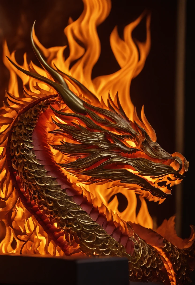 Best Quality, Top image quality, Top resolution, Intricate details, Craftsmanship, (Papercut:1.3), The work of a magician with fire magic, Ring of Fire, Dragon engulfed in flames, Cutting framed paper, Museum, Protruding from the flame of the flame, Actual Paper Burning, fire, Real Fire