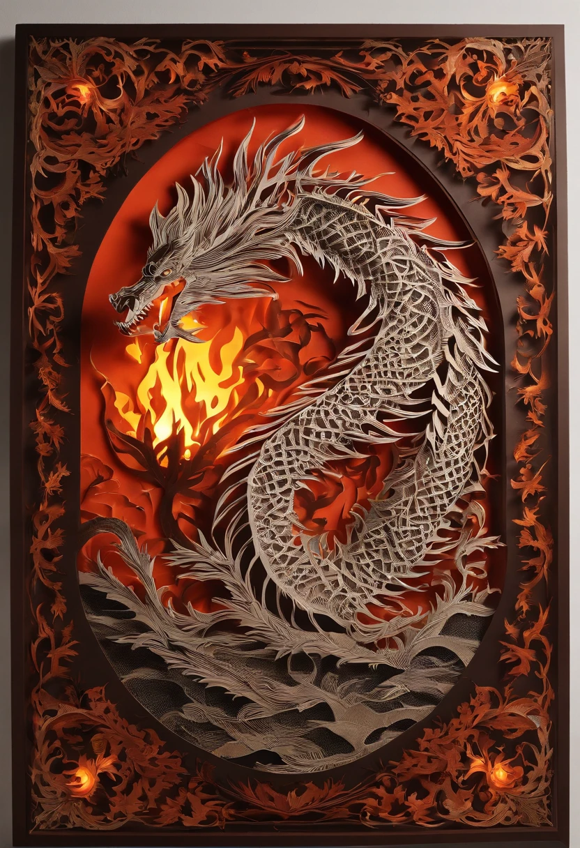 Best Quality, Top image quality, Top resolution, Intricate details, Craftsmanship, (Papercut:1.3), The work of a magician with fire magic, Ring of Fire, Dragon engulfed in flames, Cutting framed paper, Museum, Protruding from the flame of the flame, Actual Paper Burning, fire, Real Fire