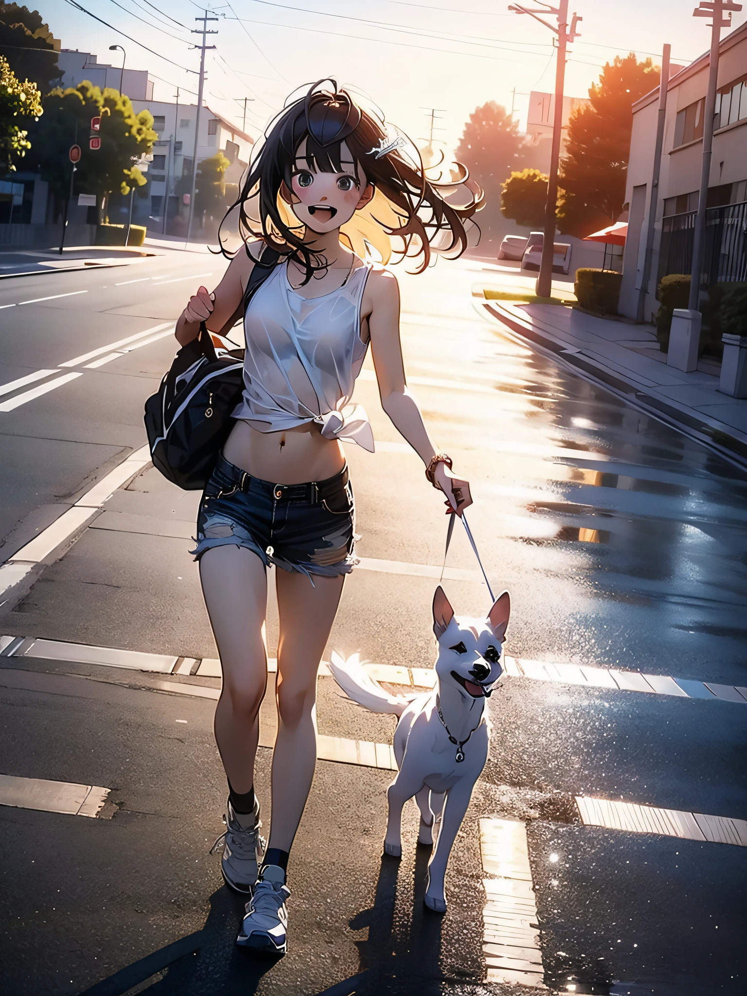 in 8K、top-quality、masterpiece、ultra-detailliert、Ultra-high resolution、Anime style、1人の女性、In the street、white tank tops、run、Sprint、perspiring