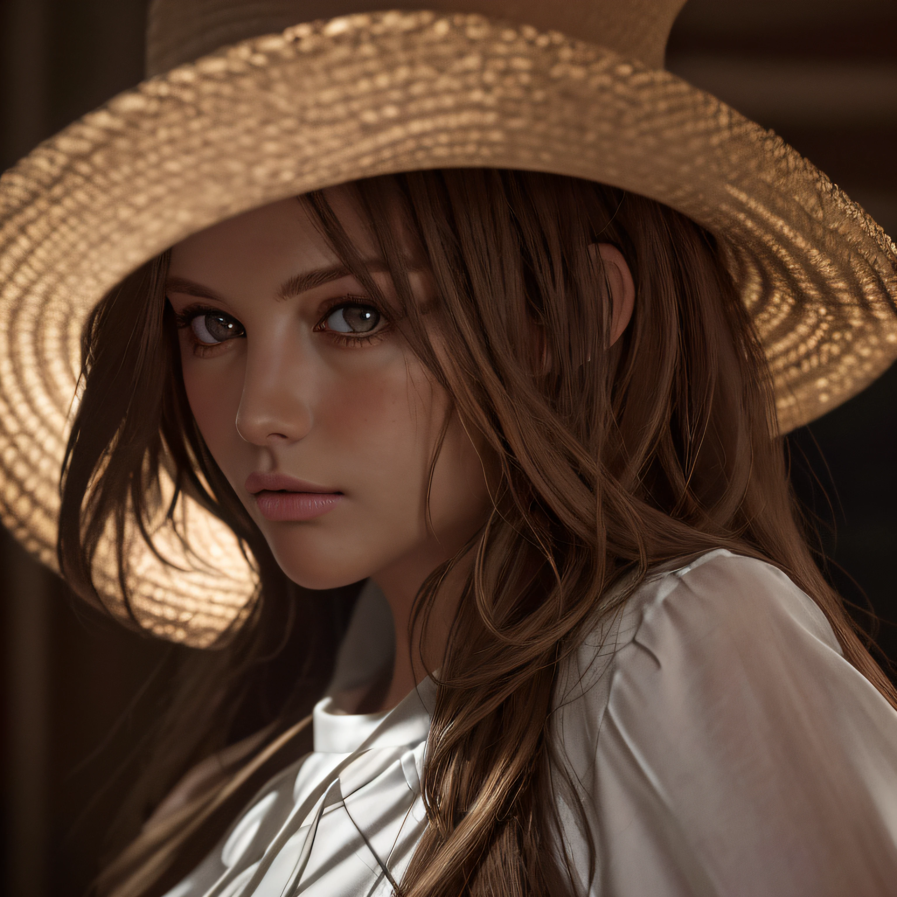 Best quality, masterpiece, ultra realistic, ultra high res, (photorealistic:1.37), raw photo, 1girl, caucasian, tanned, long brown_hair, beautifull eyes,  beautifull face, detailed eyes and face, t-shirt, dynamic lighting, in the dark, deep shadow, low key, cowboy shot