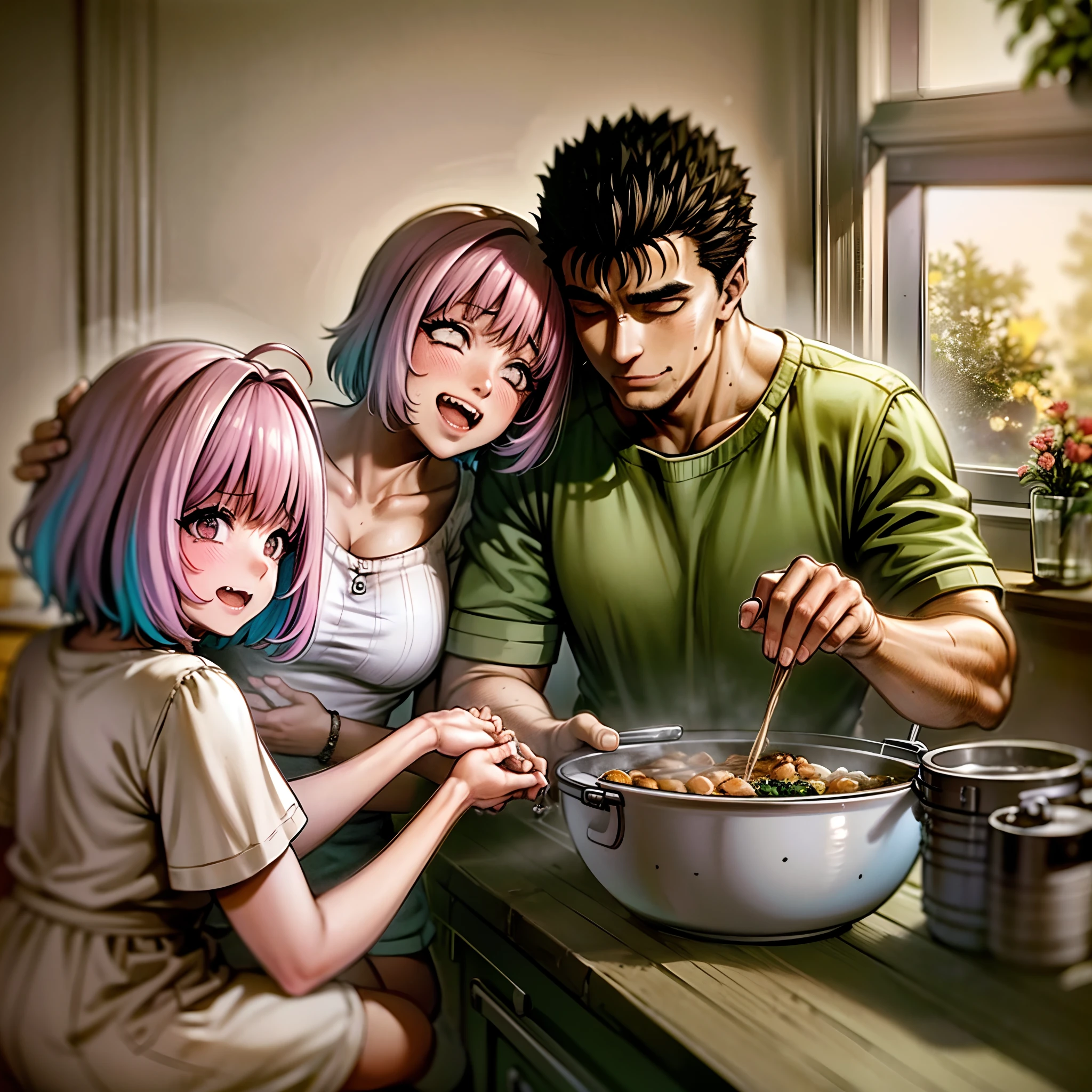 riamu yumemi,guts,couple,husband and wife,riamu motherly,house wife,cooking,mother and son,children,family,happy,(best quality,4k,8k,highres,masterpiece:1.2),ultra-detailed,(photo1.37),joyful,loving,embrace,adorable,cheerful,blissful,togetherness,warmth,smiles,vibrant colors,sunshine,beautifully lit,cosy home,harmonious,family bond,making memories,satisfying meal,homemade food,laughter,motherly affection,playful kids,herb garden,spacious kitchen,life's small joys,dreamy,wholesome,carefree,affectionate gaze,authentic moments,harmony of love and simplicity,unconditional love,tranquil,heartwarming,captured memories,cherished moments,intergenerational love,endless laughter,tight-knit,fond memories,blessed family,treasuring time together,priceless happiness