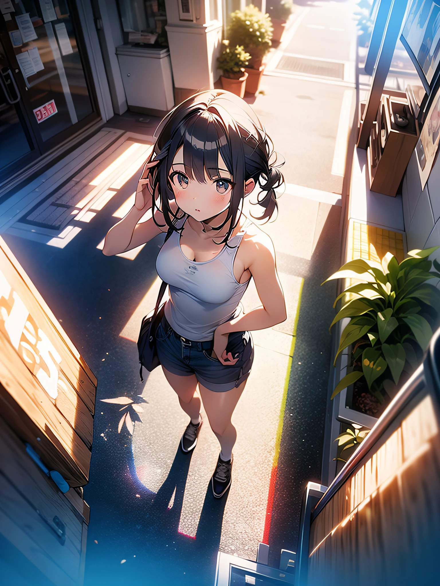 in 8K、top-quality、​masterpiece、ultra-detailliert、Ultra-high resolution、Anime style、1人の女性、In the street、white tank tops、look up to、Perspective from above