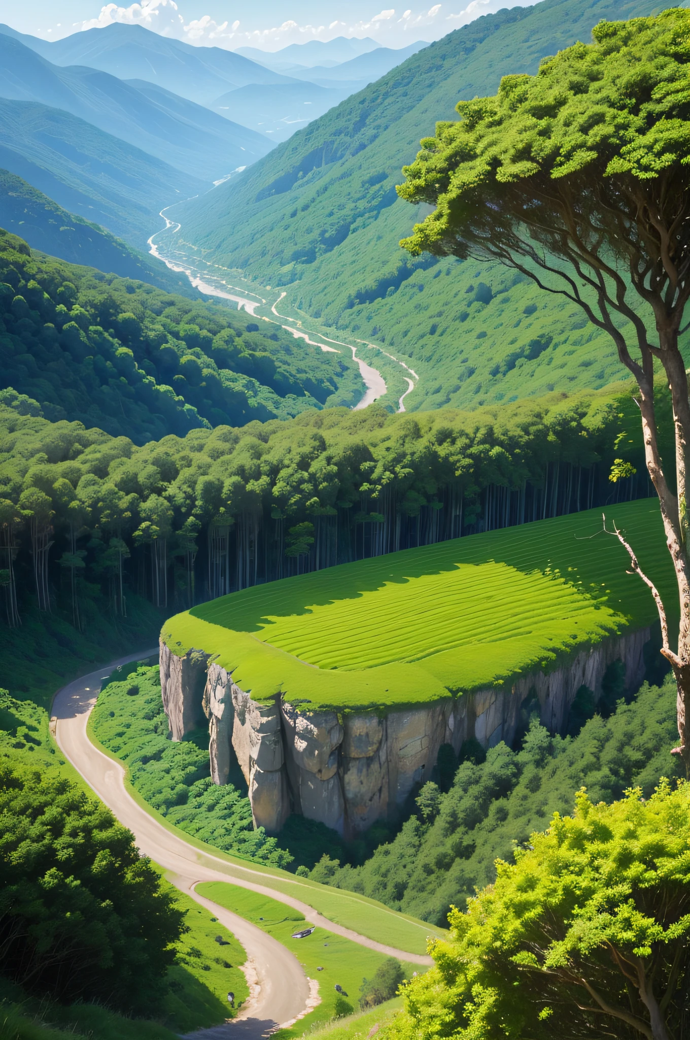 There are several trees and several shrubs on the slopes of Alaferd, lush landscape, staggered terraces, lush scenery, Valle exuberante, lush countryside, lush scenery, lush forest in valley below, terraced orchards and ponds, Lush forest landscape, rich greenery, vibrant green plants, mountainous jungle setting, floresta exuberante, terraced, lush and green