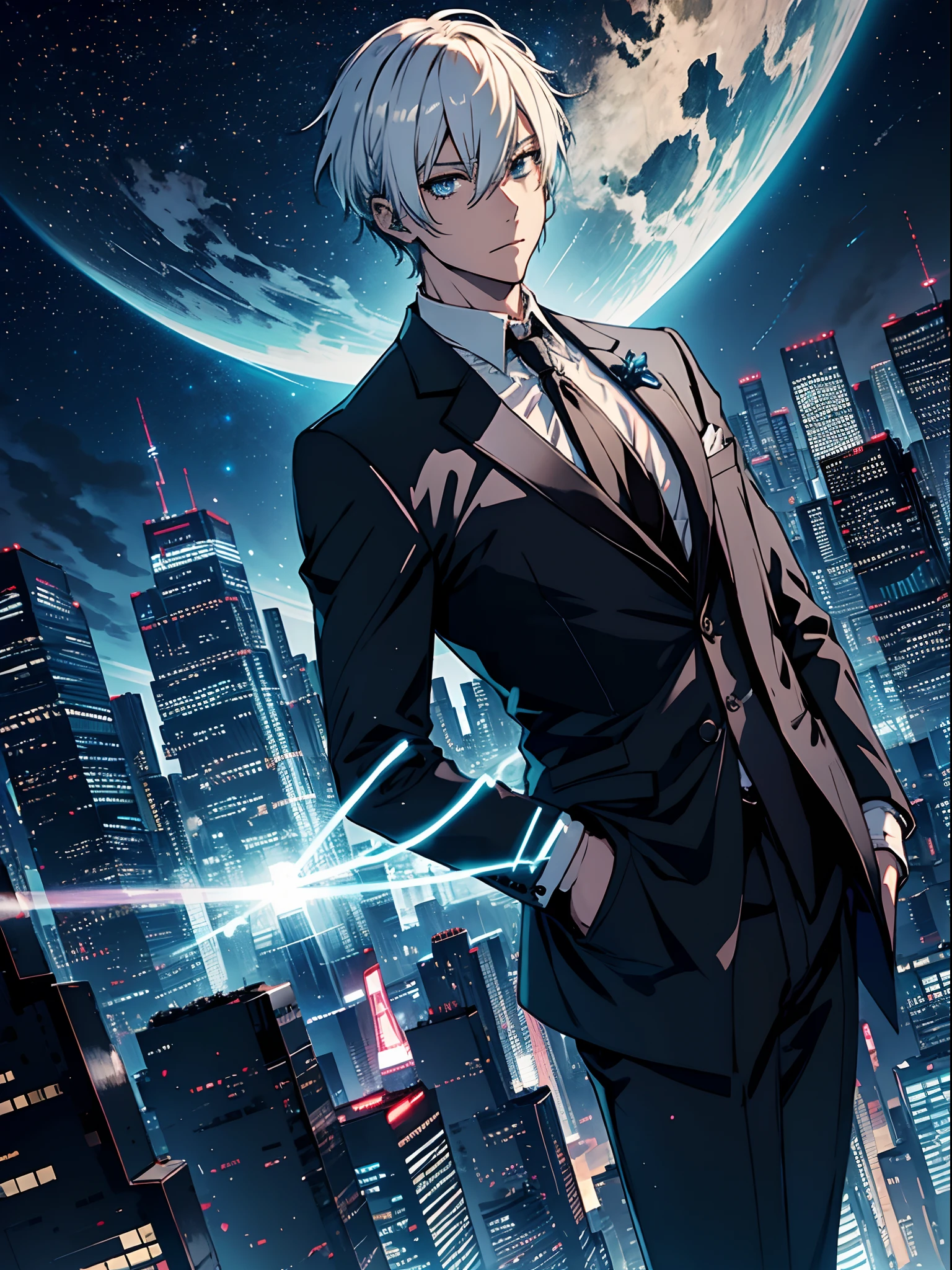 ciberpunk, Anime Adult Guy Blonde, higly detailed, white colored hair, Black Jacket & Formal Wear, black undershirt, the stars, stars in thr sky, sky scrapers, High-tech city