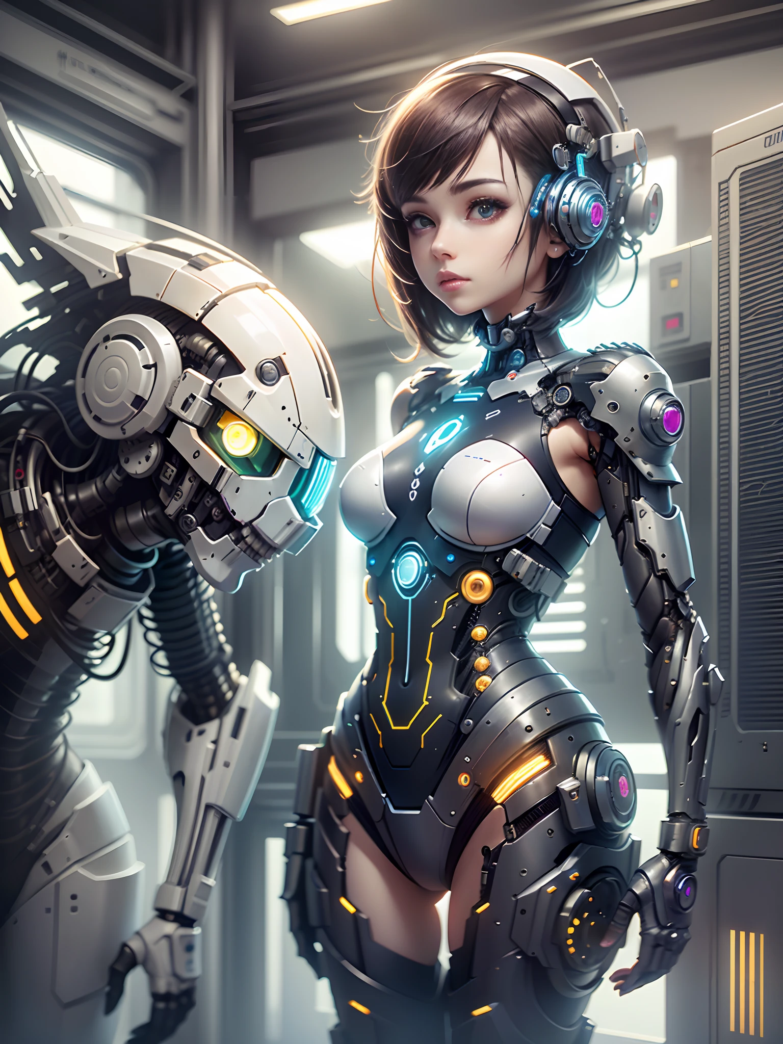In the lab,Futuristic woman in helmet, short detailed hair,Cute cyborg girl, machine arm,beautiful girl cyborg, Cyborg girl, cyberpunk anime girl mech, perfect anime cyborg woman, Beautiful white girl cyborg, (((cyborg - girl))