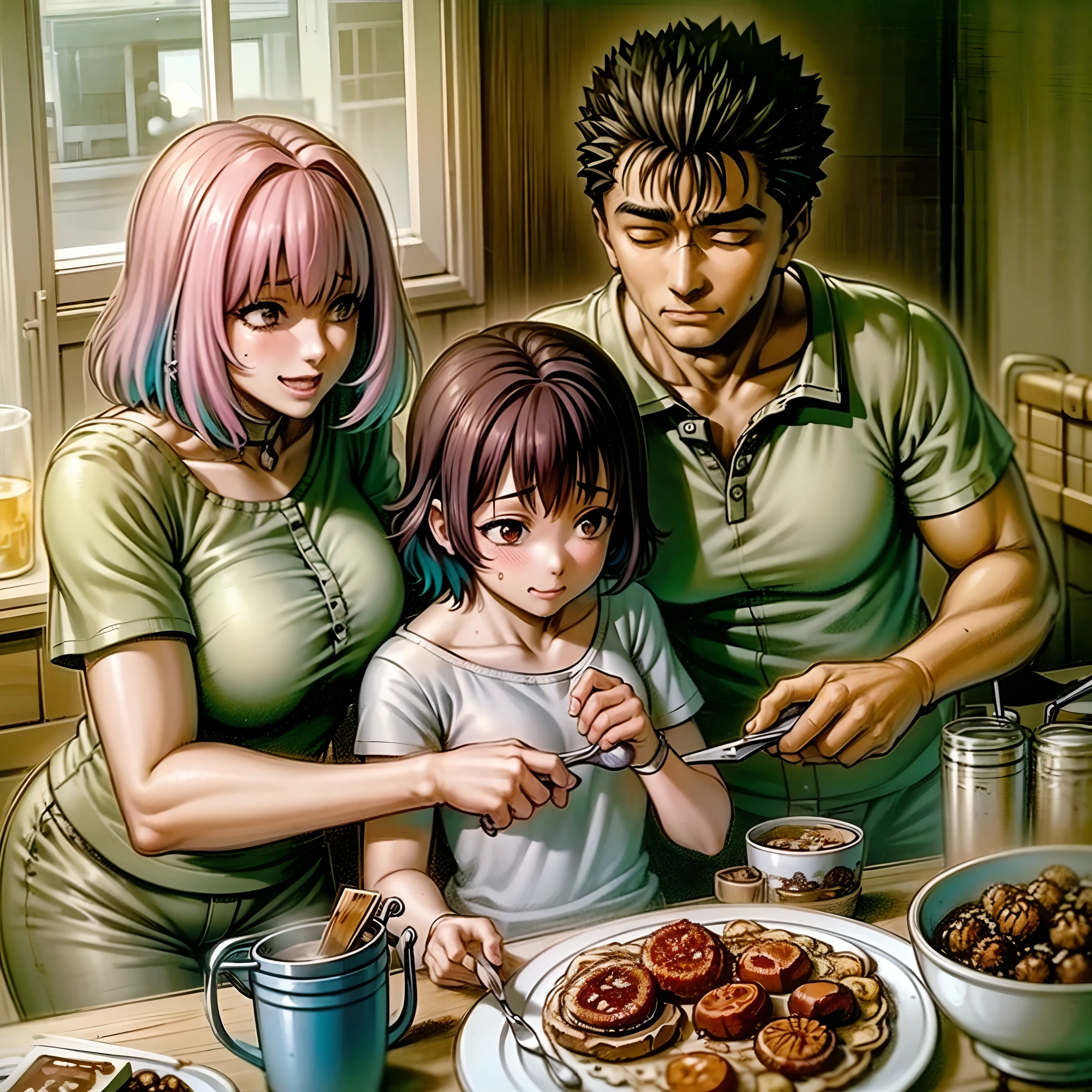 riamu yumemi,guts,couple,husband and wife,riamu motherly,house wife,cooking,mother and son,children,family,happy,(best quality,4k,8k,highres,masterpiece:1.2),ultra-detailed,(photo1.37),joyful,loving,embrace,adorable,cheerful,blissful,togetherness,warmth,smiles,vibrant colors,sunshine,beautifully lit,cosy home,harmonious,family bond,making memories,satisfying meal,homemade food,laughter,motherly affection,playful kids,herb garden,spacious kitchen,life's small joys,dreamy,wholesome,carefree,affectionate gaze,authentic moments,harmony of love and simplicity,unconditional love,tranquil,heartwarming,captured memories,cherished moments,intergenerational love,endless laughter,tight-knit,fond memories,blessed family,treasuring time together,priceless happiness