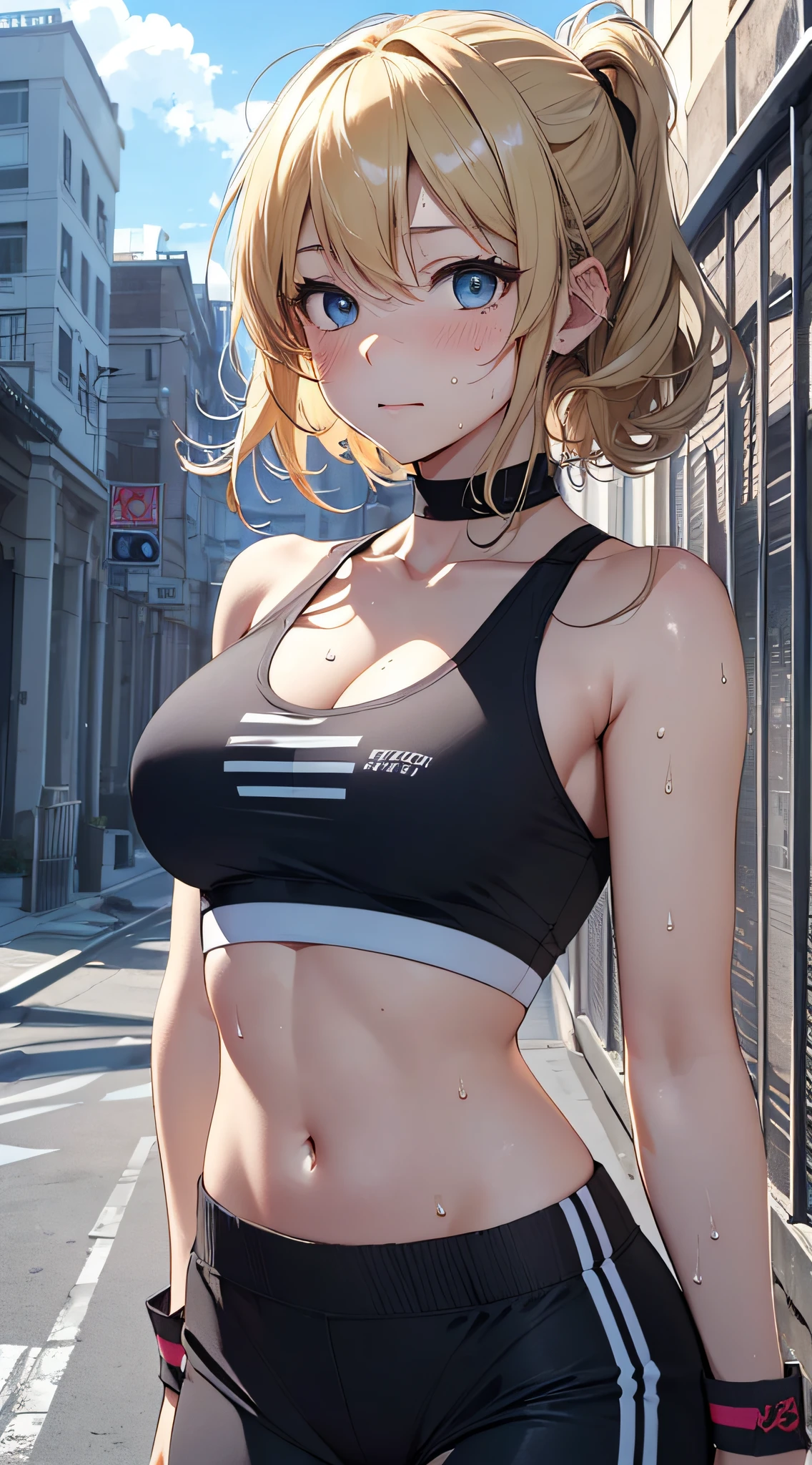 top-quality、Top image quality、​masterpiece、girl with((18year old、Sportswear、Black Sports Bra、blue short pants、Best Bust、Bust 85、a blond、Longhaire、Blue eyes、open chest wide、valley、Happiness、Black wristband on wrist、A slender、Shy face、耳Nipple Ring、running、The wind blows、Sweating)）hiquality、visualart、Background with((Gymnasium))、masutepiece、
